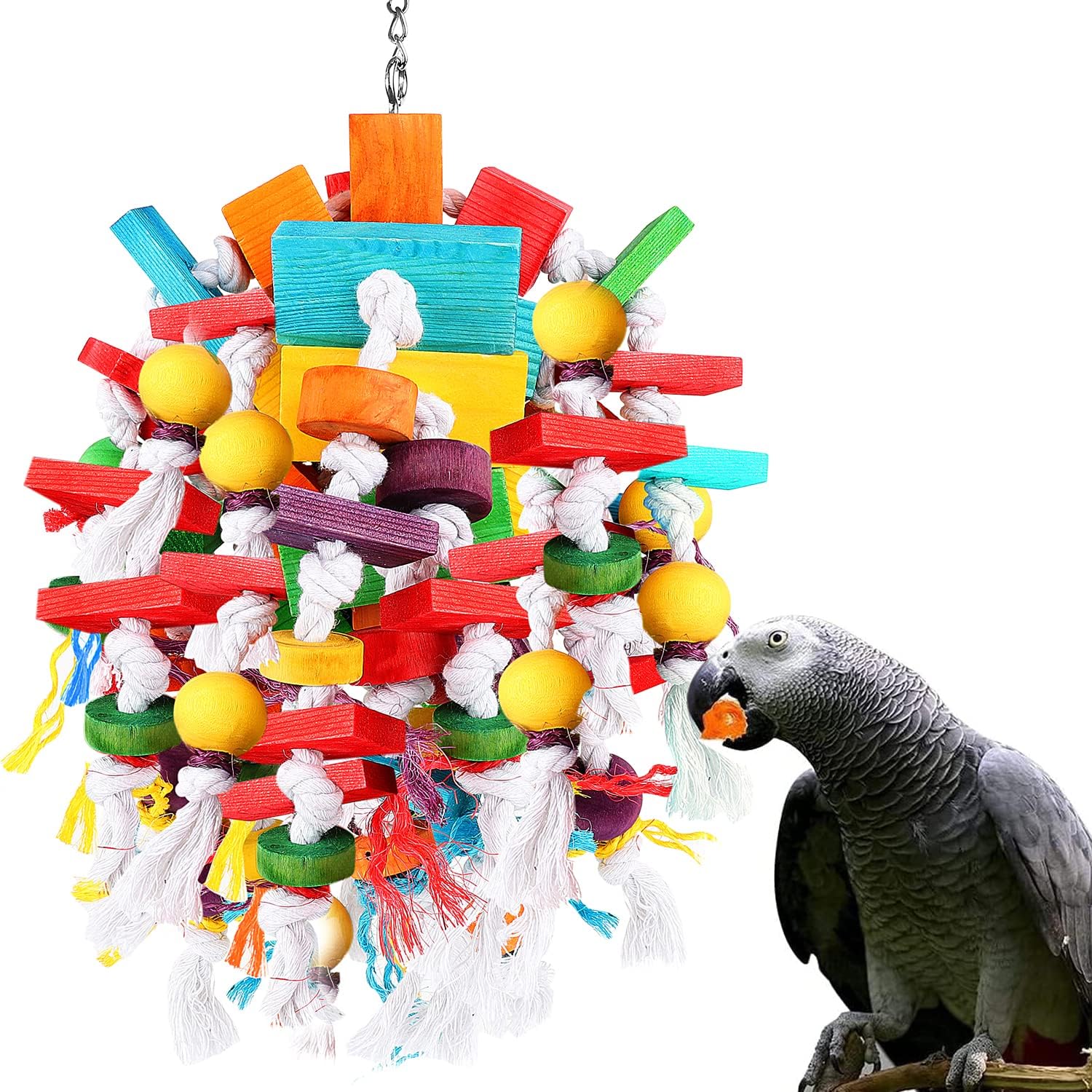Bird Chewing Toys, Multicolored Wooden Blocks, Best for African Grey Parrot, Macaws, Cockatoos & Amazon Parrots