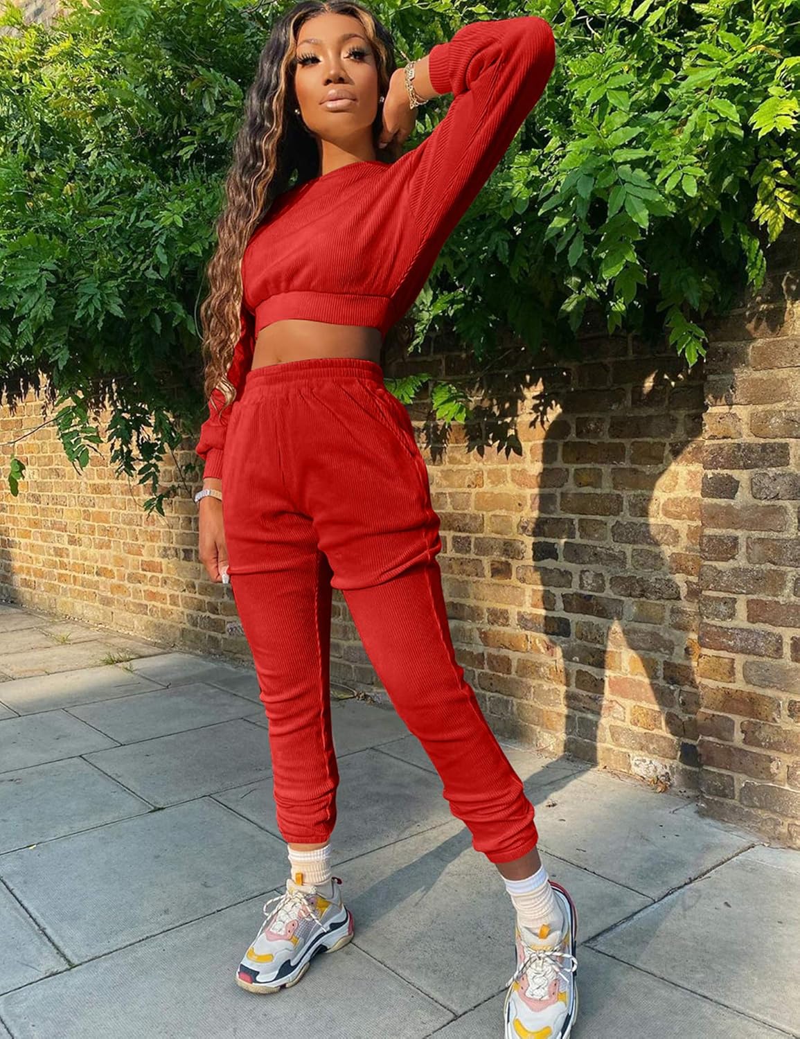 Mizoci Women's 2 Piece Outfits Lounge Jogger sets Long Sleeve Crop Top Pant Sweat Suit Tracksuit - Image 4