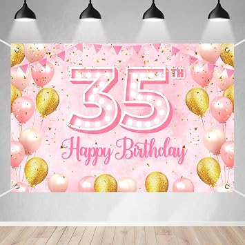 Happy 35th Birthday Banner Backdrop Pink Theme Rose Gold Balloons Confetti Background Decor for Princess Girls Noble Elegant Birthday Party Photo Booth Favors Decorations Supplies 70.8x47.2in-BECKTEN