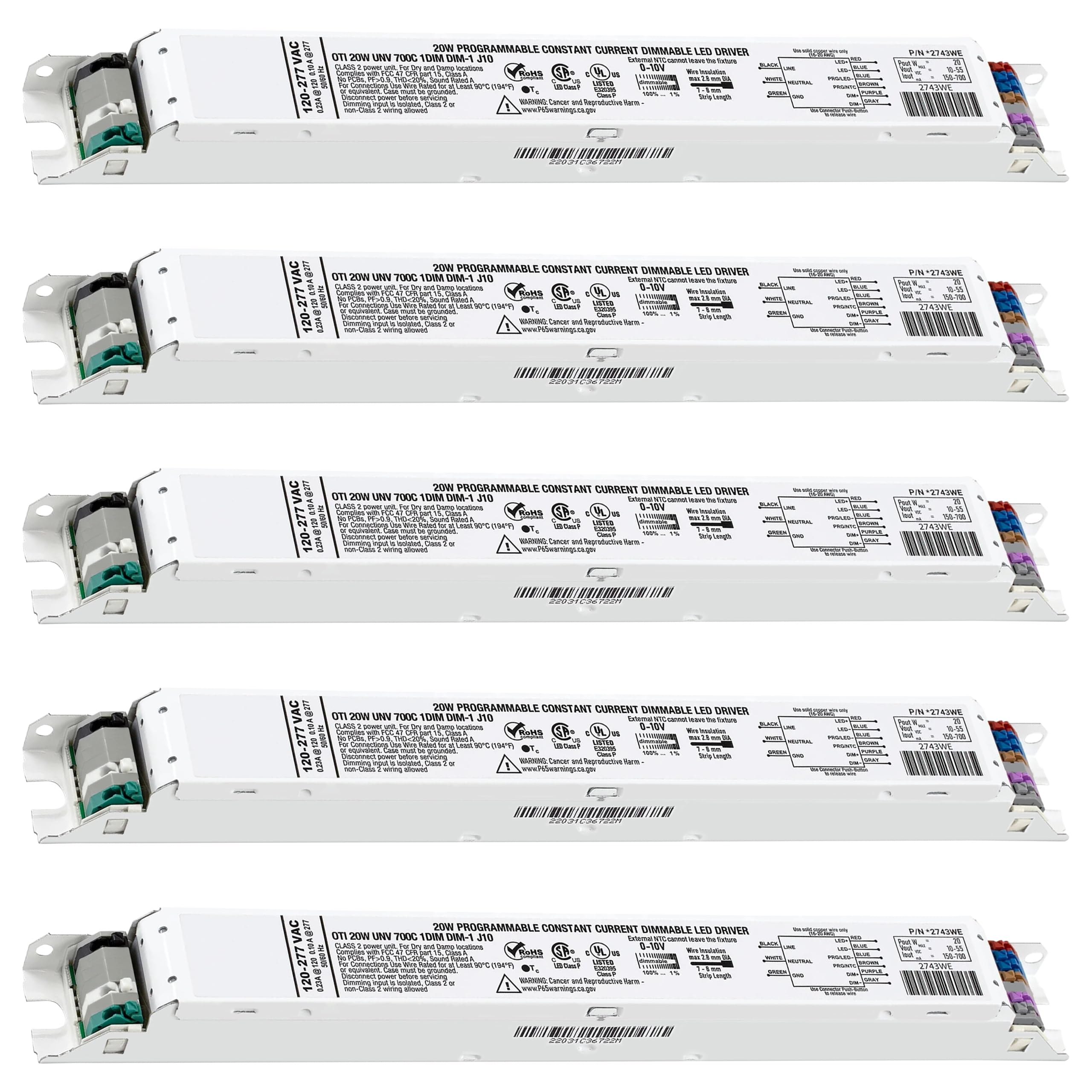OHLECTRIC Replacement for OTi 20/120-277/0A7 DIM-1 L G2 Linear 120-277V LED Driver with Programmable Output, 150-700mA &amp; 10-55V, 20 Watts Power. LED Dimmer, 1-100% LED Dimming Range - 5 POL-91367-5ack