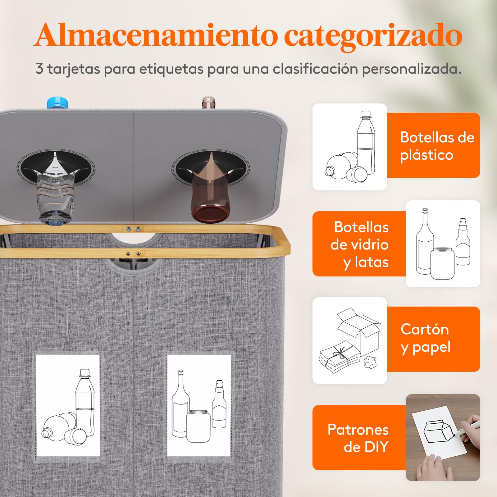Lifewit Recolector Botellas con Tapa, 2 Compartimentos Contenedor de Clasificación Selectiva para Botellas de Plástico y Vidrio, Contenedor Reciclaje, Almacenamiento Cocina, Gris Claro 150 L
