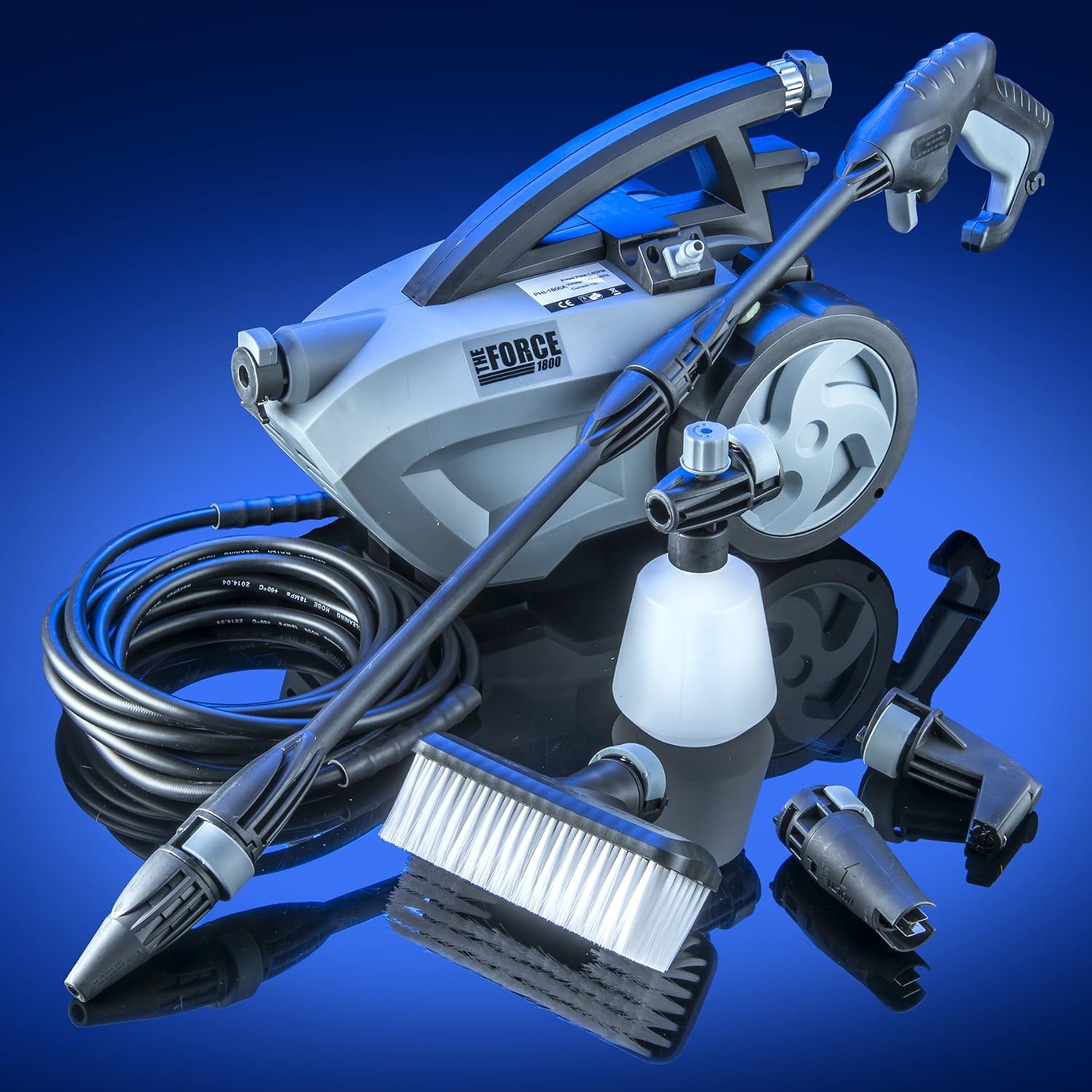 Powerhouse International - The Force 1800 - Pull Behind - 1.6 GPM 1800 PSI Electric Pressure Washer with 20 Foot Quick Connect Hose, 3 Different Nozzles, Nylon Brush, Soap Dispenser