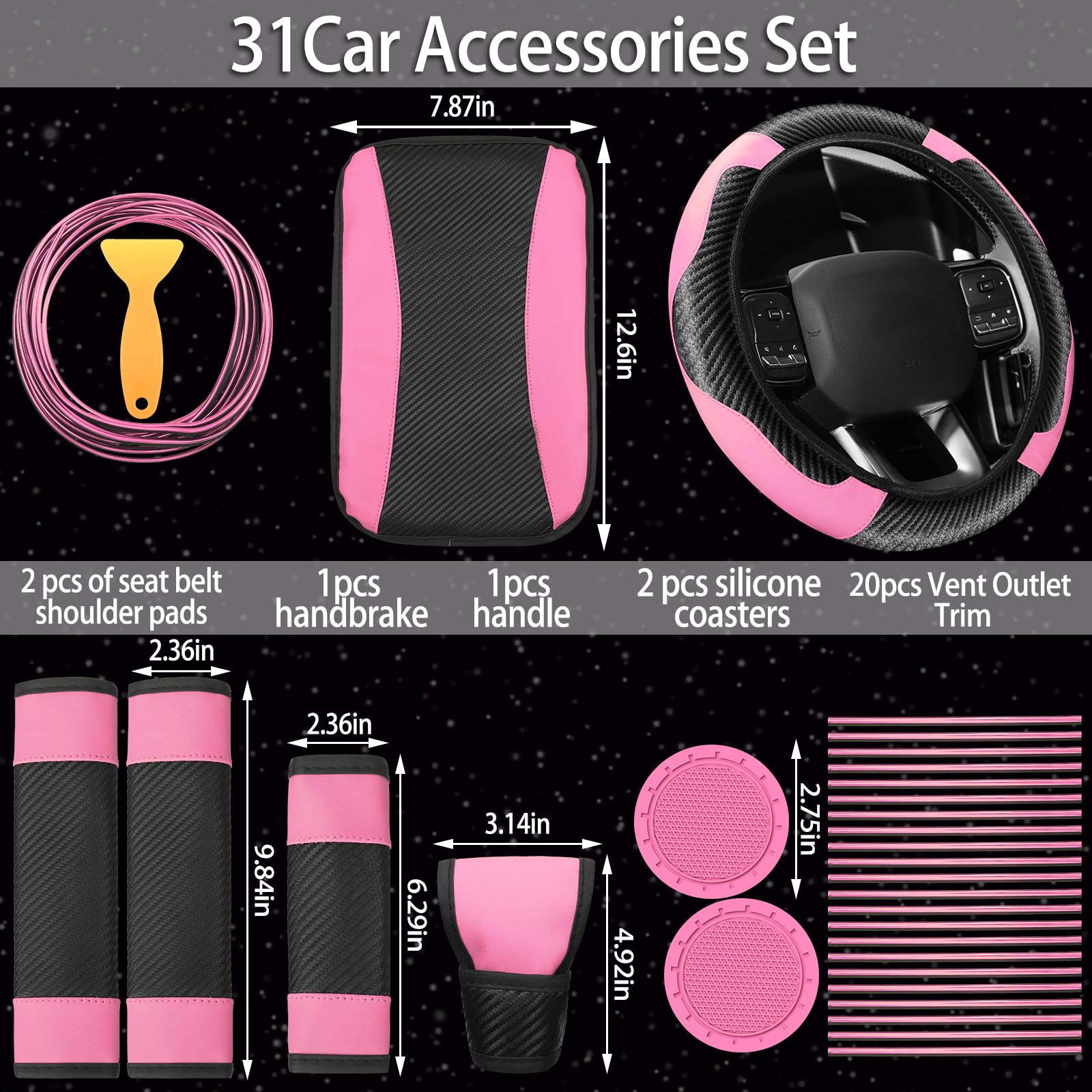 Riakrum 30 Pcs Car Accessories Set Pink and Black PU Leather Steering Wheel Cover Auto Interior Accessories Gift Car Vent Trim Strips Air Conditioner Insert Strips with Installation Tool