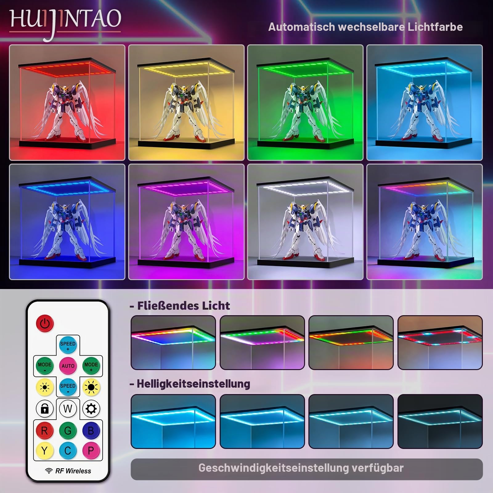 Acryl Vitrine / Schaukasten mit LED Beleuchtung für Figuren (20x20x20 cm) | Vitrine für Staubdicht und UV-Schutz, RGB Beleuchtet Display Case, Helligkeit Einstellbar, Mehrere Leuchtungsmode