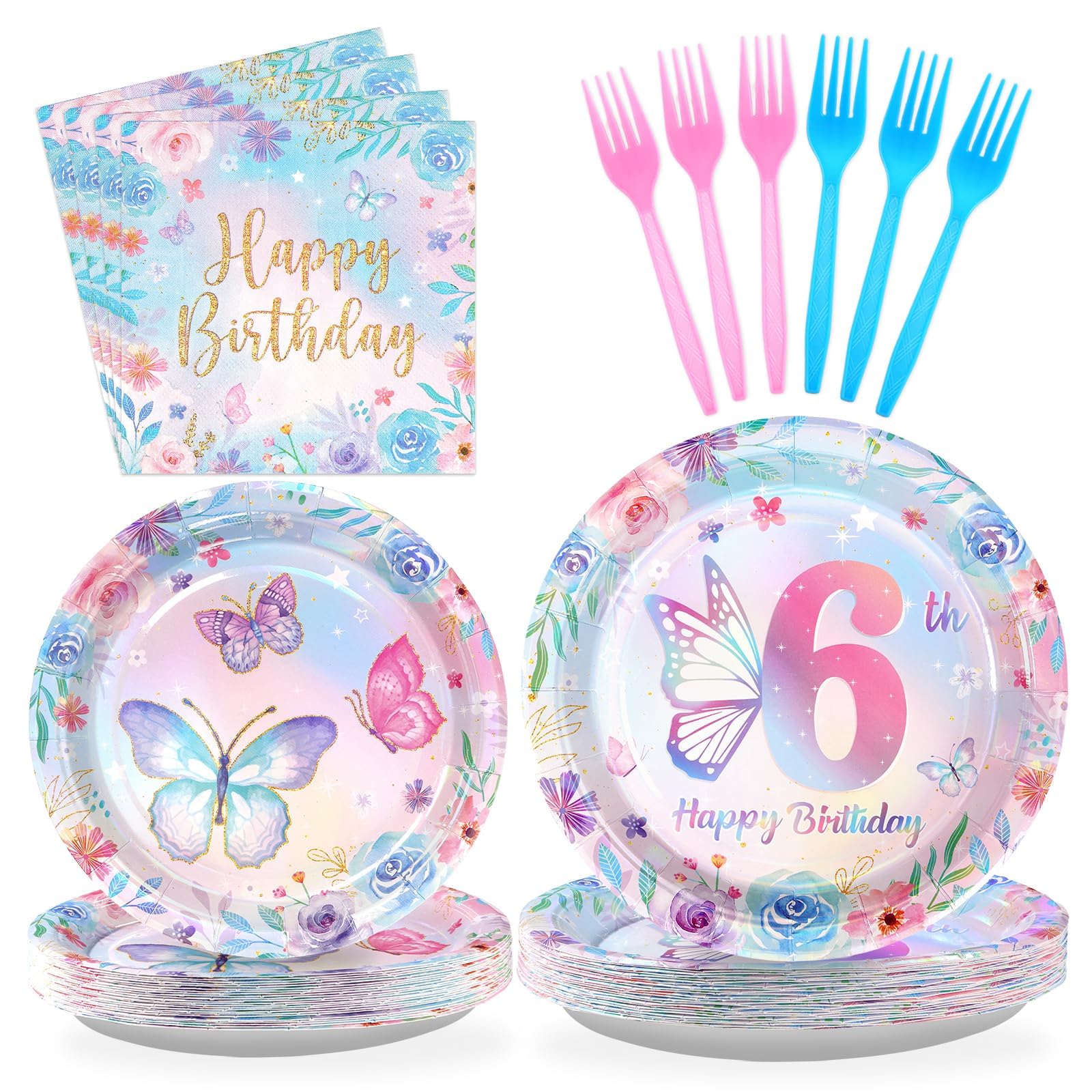 96Pcs Butterfly 6th Birthday Party Decorations, Serves 24