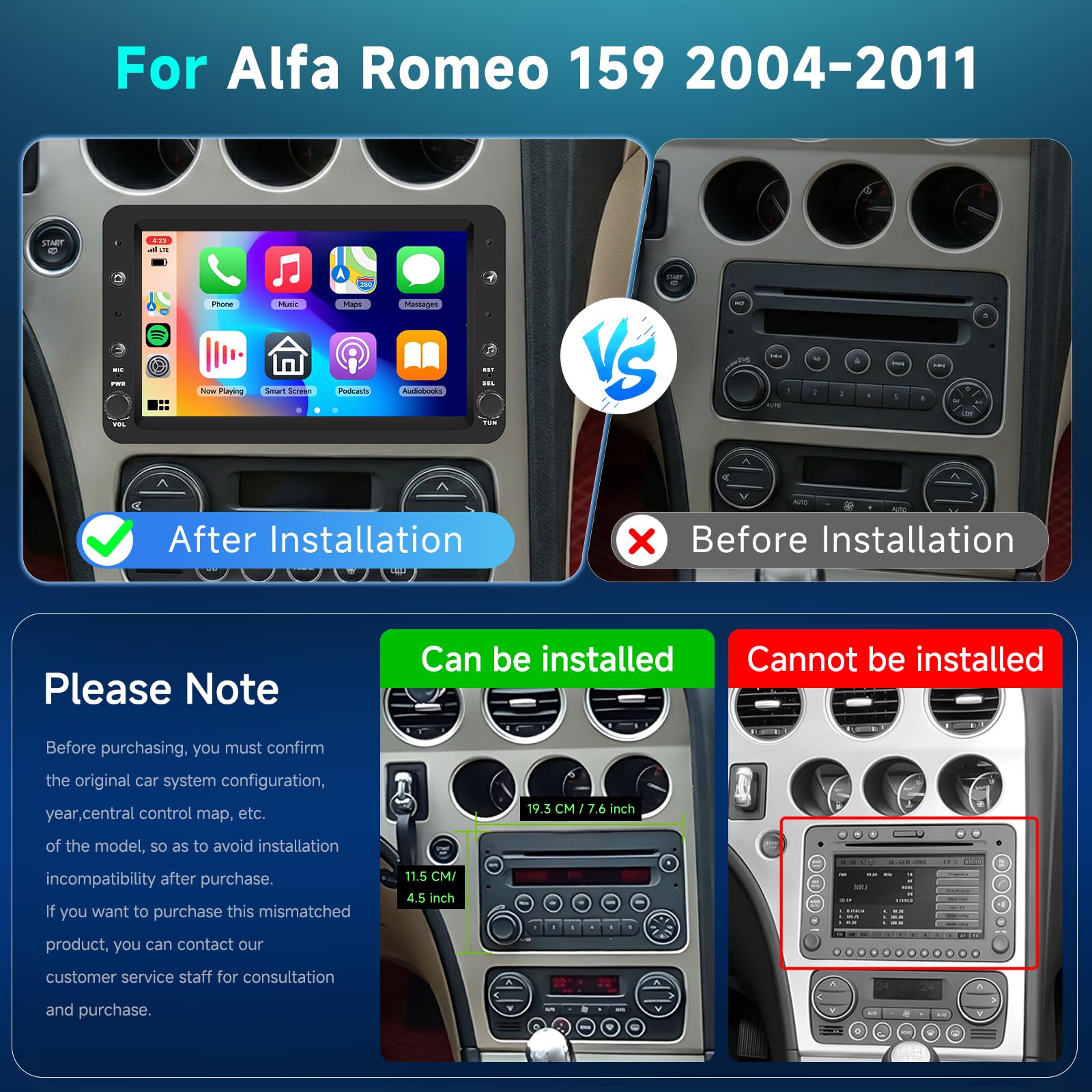 Hodozzy 4GB+64GB Android Autoradio per Alfa Romeo 159 2004-2011 Carplay Android Auto Wireless, 7 Pollici Touch Screen Auto Stereo 1 Din GPS Navigazione WiFi, Bluetooth DSP, FM/RDS Radio+Retrocamera