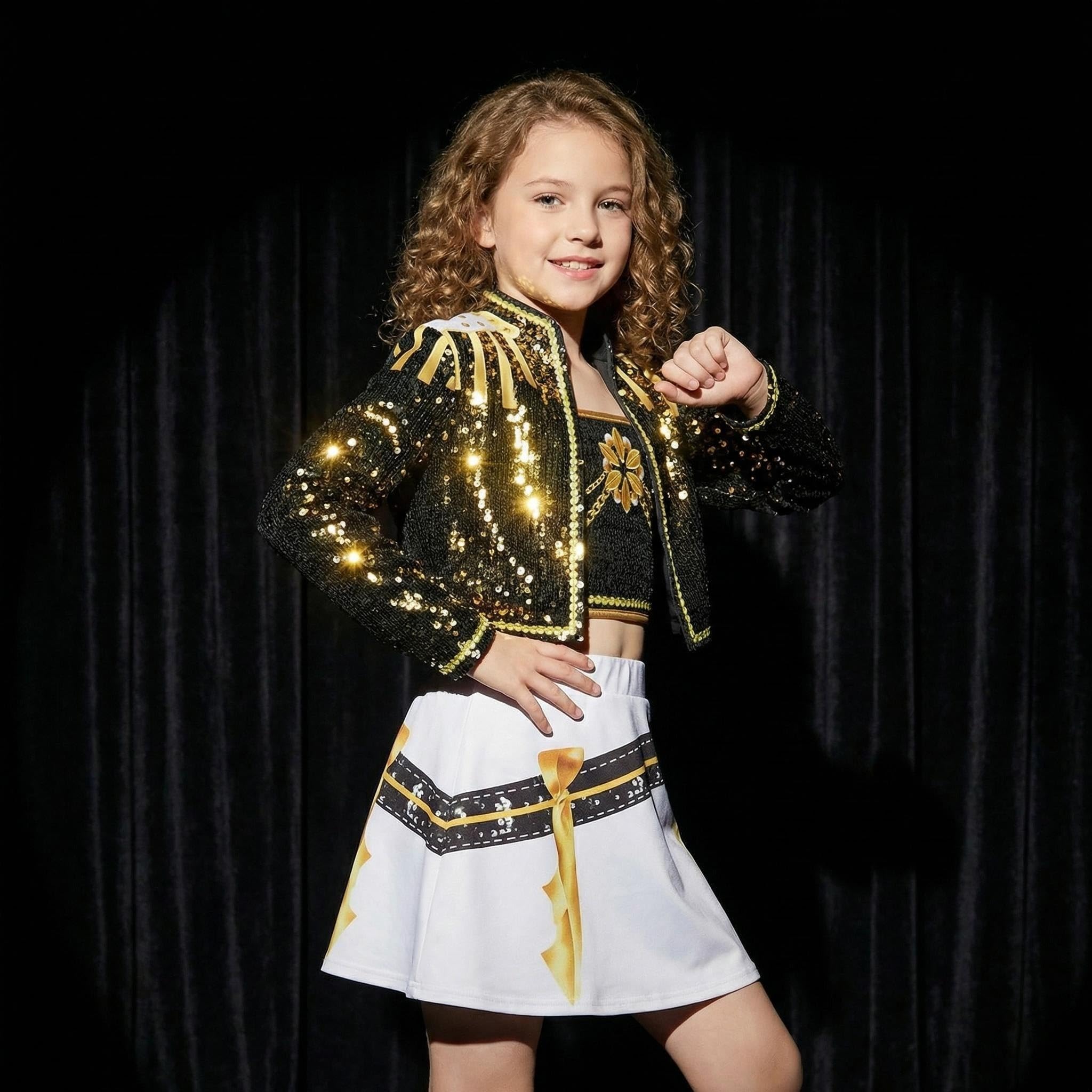 Girls Costume Set, Kpop Black Gold Stage Outfit Set Corps Performance Accessories — view 3