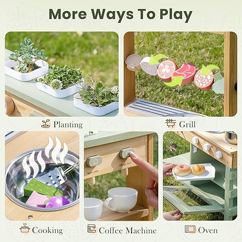 Miniatura 8 de ROBOTIME Mud Kitchen & Kids Juego de herramientas de jardinería  Cocina de madera al aire libre con fregadero, parrilla y accesorios de simulación +
