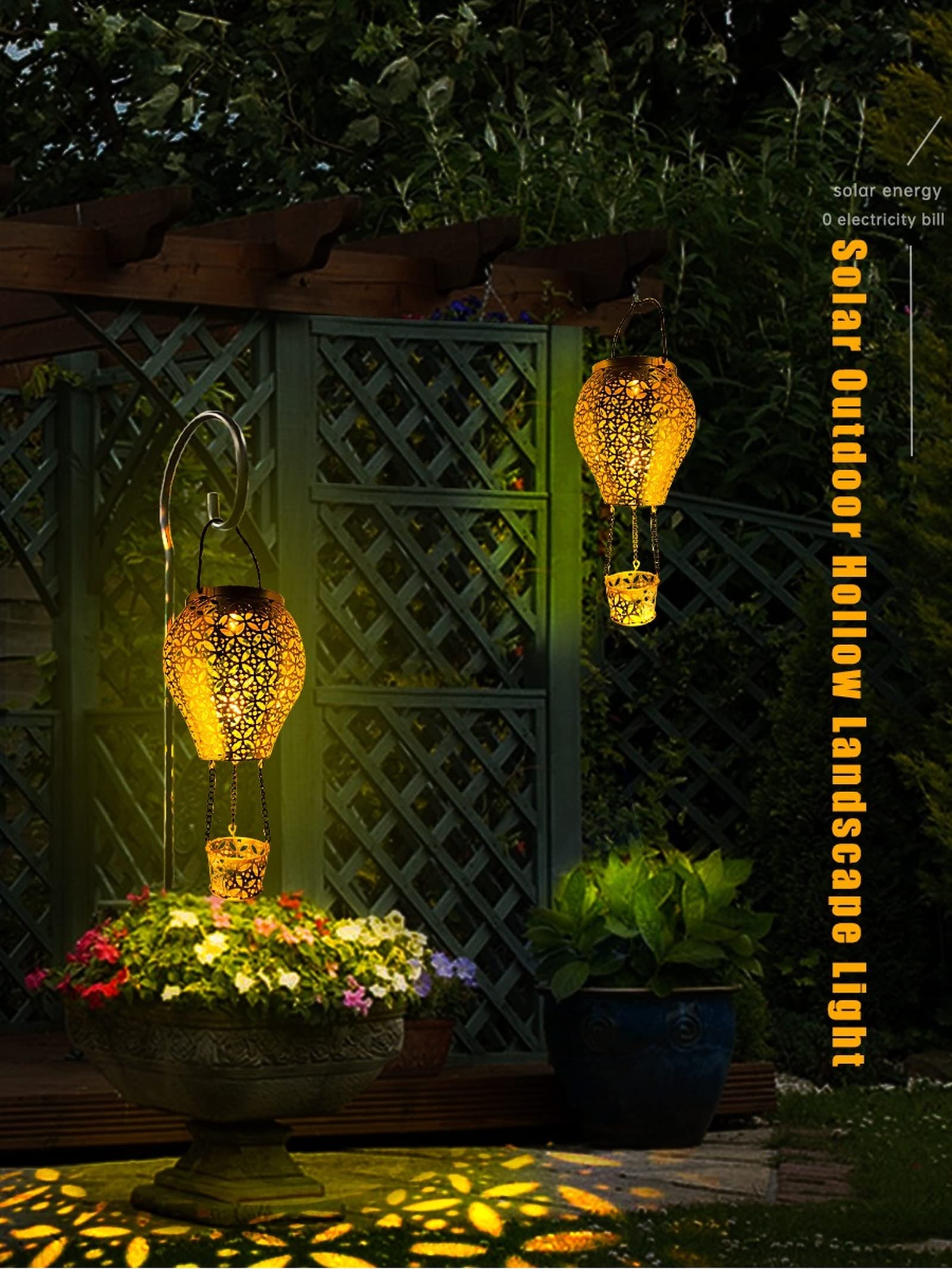 Lanterne solari per mongolfiera, in metallo, impermeabile, per esterni, luci solari, decorazione a LED, illuminazione a energia solare (con palo