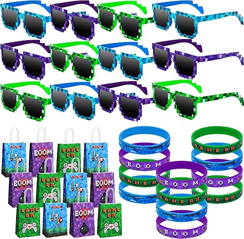 ADXCO El juego de 36 piezas de recuerdos de fiesta Pixelados incluye gafas de sol estilo minero pulseras pixeladas bolsas de regalo pixeladas