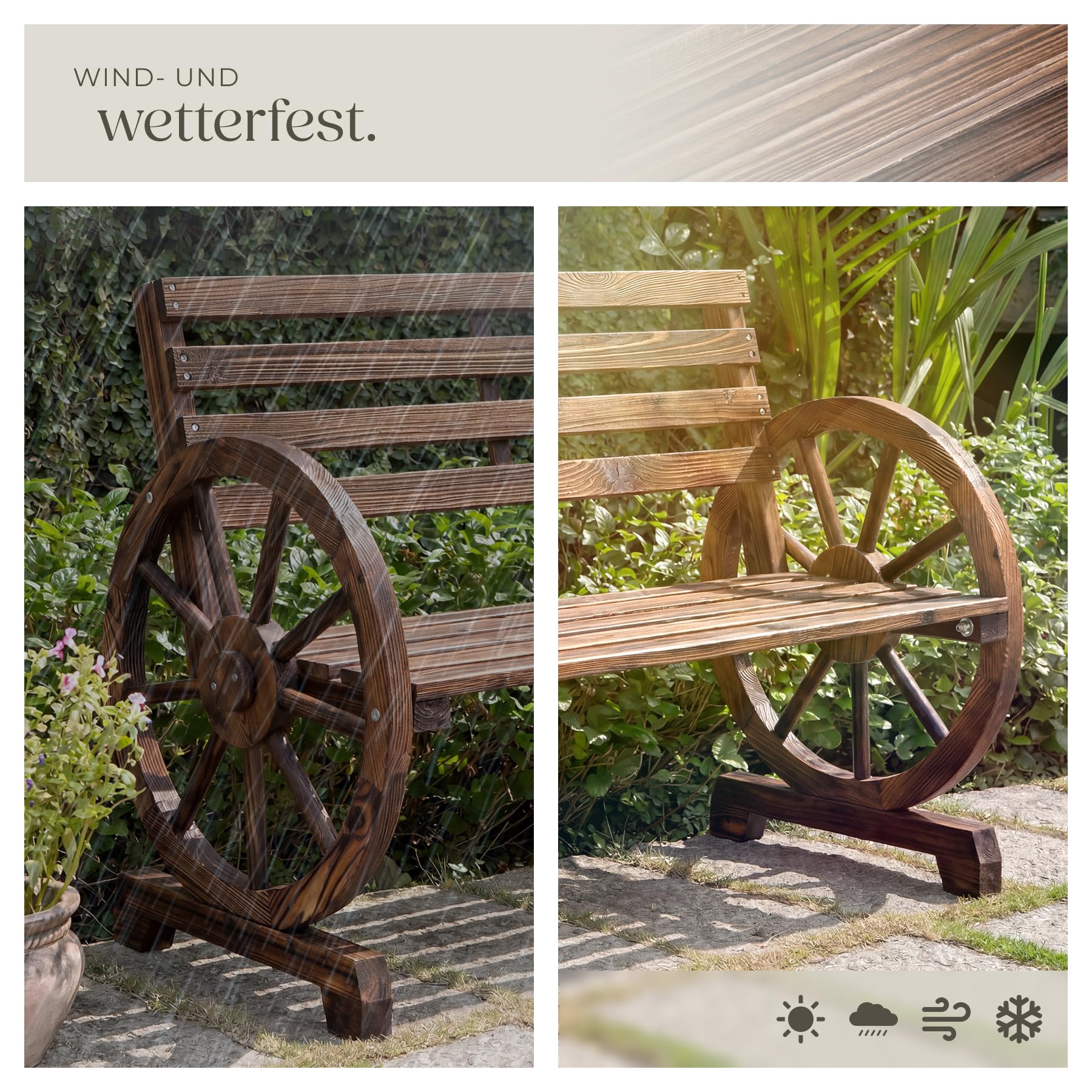 tectake® Gartenbank, 106 x 55 x 78 cm, geflammtes Massivholz | Belastbarkeit 320 kg, wetterfest, Wagenraddesign, hohe Rückenlehne, 2-Sitzer, Gartenholzbank, braun
