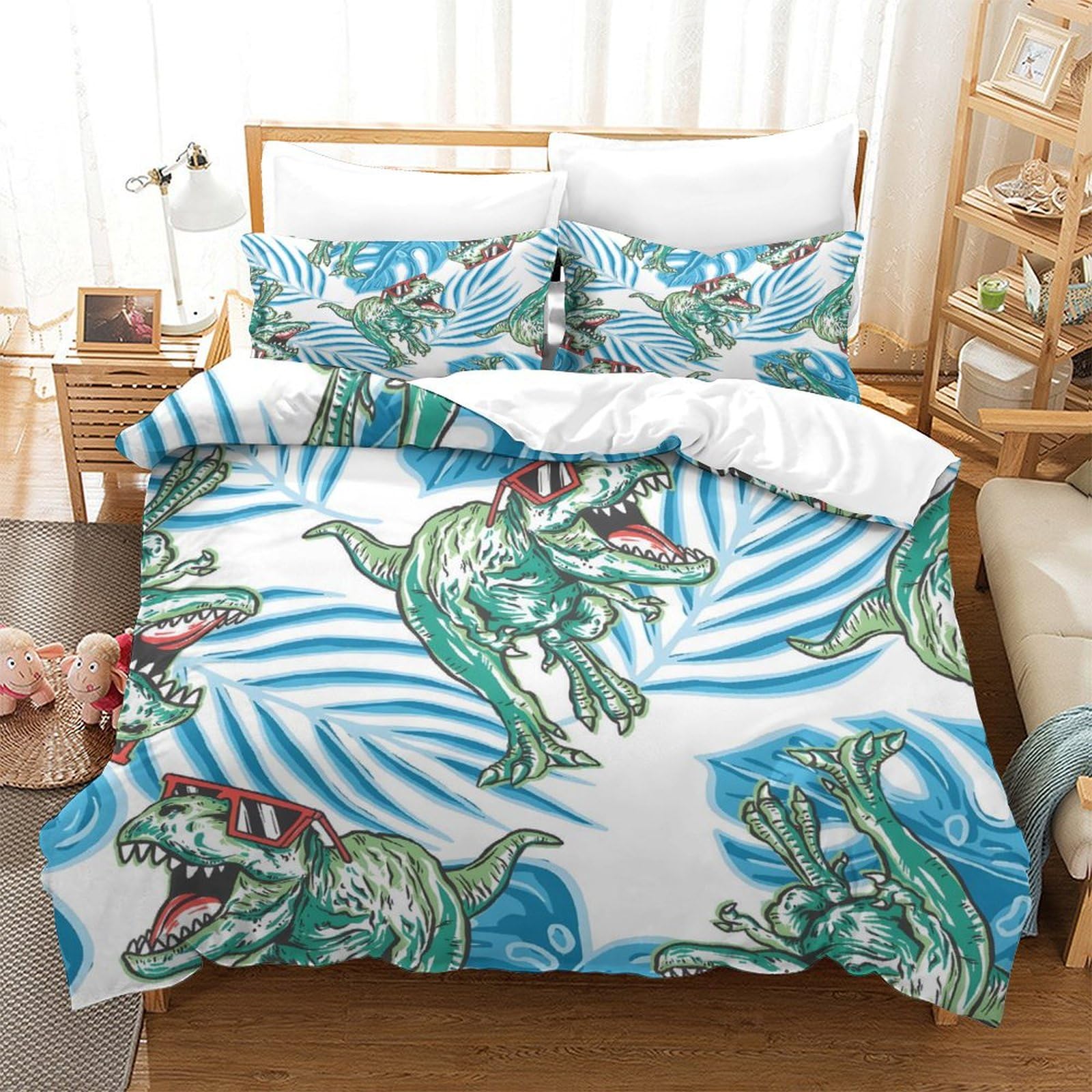 LIAOHENKAN Tropical Leaves - Cartoon Dinosaur Comforter Set Full Size for Kids Boys Girls 3Pcs Bedding Set with Zipper Closure Ultra Soft Duvet Cover Set Breathable Bedclothes Super King（260x220cm）