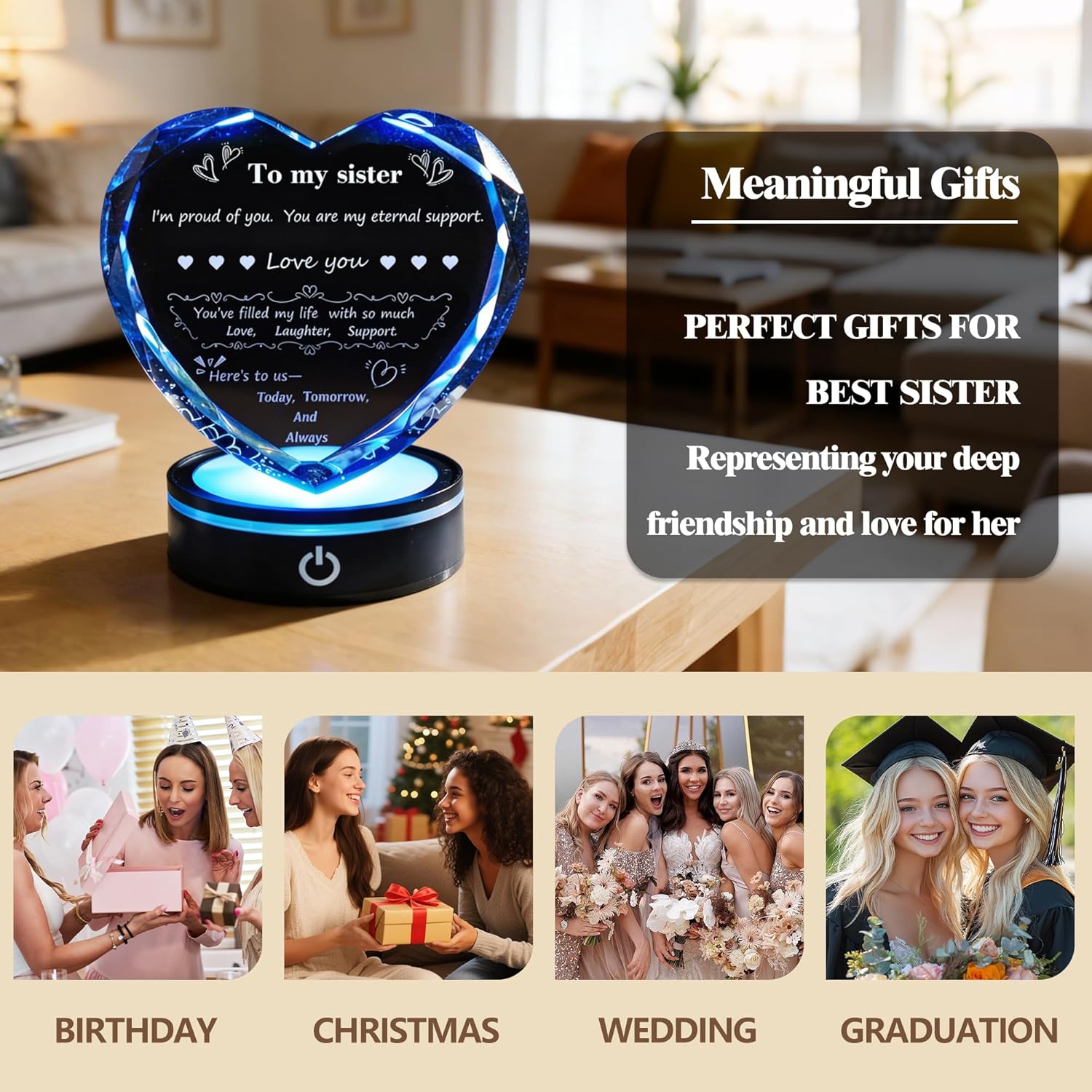 Sister Birthday Gifts 3D Crystal Heart Night Light Keepsake Valentines Gifts for Sister, Women, Girls - Image 5