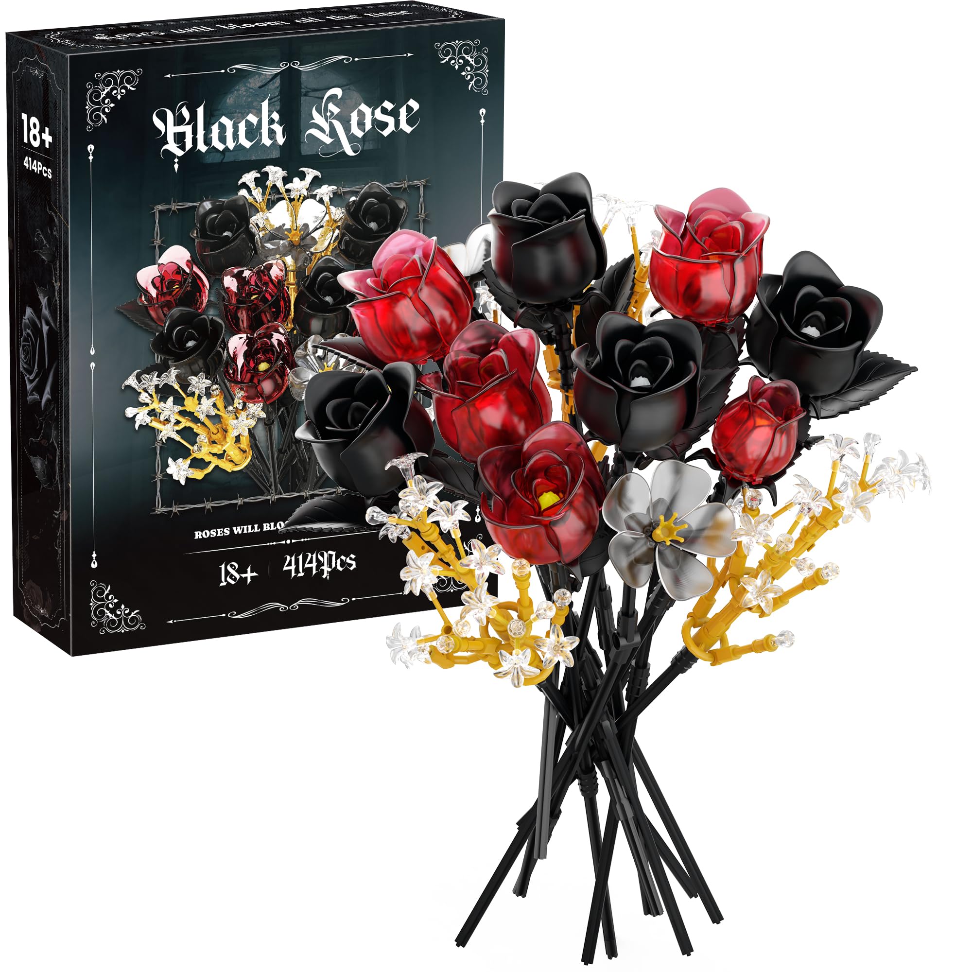 Jurair Gothic Blumenstrauß Bausatz für Erwachsene Rose Botanical 414 Teile | Klemmbausteine Dekorationsset für Büro & Heim, Personalisierte Geschenke für Frauen zu Valentinstag & Halloween