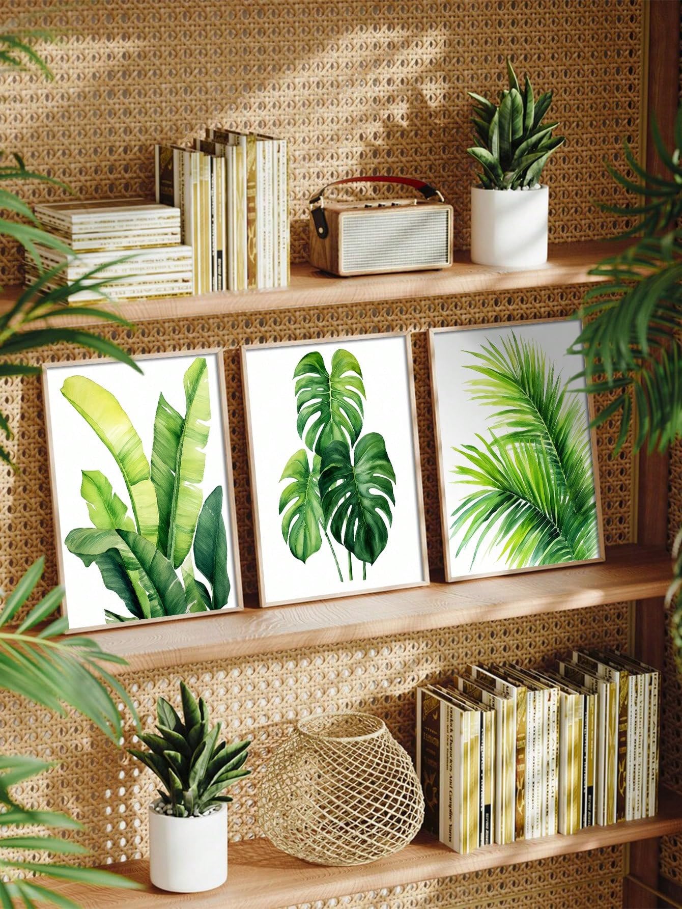 3 láminas decorativas de follaje tropical para pared, ideales para la decoración de salas de estar, dormitorios y cafeterías (50x70cm x 3/Sin marco)