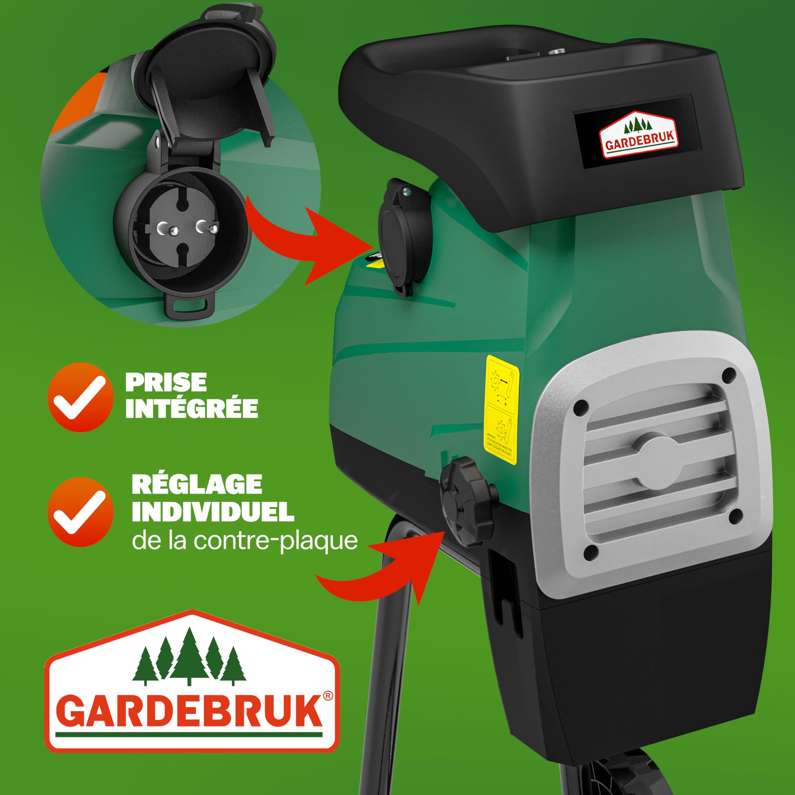 GARDEBRUK® Broyeur de végétaux électrique 3.100W Max. 44mm Sac 2X 60L broyeur à Rotor broyeur végétaux Silencieux à Rouleau Jardin déchets Verts Compost