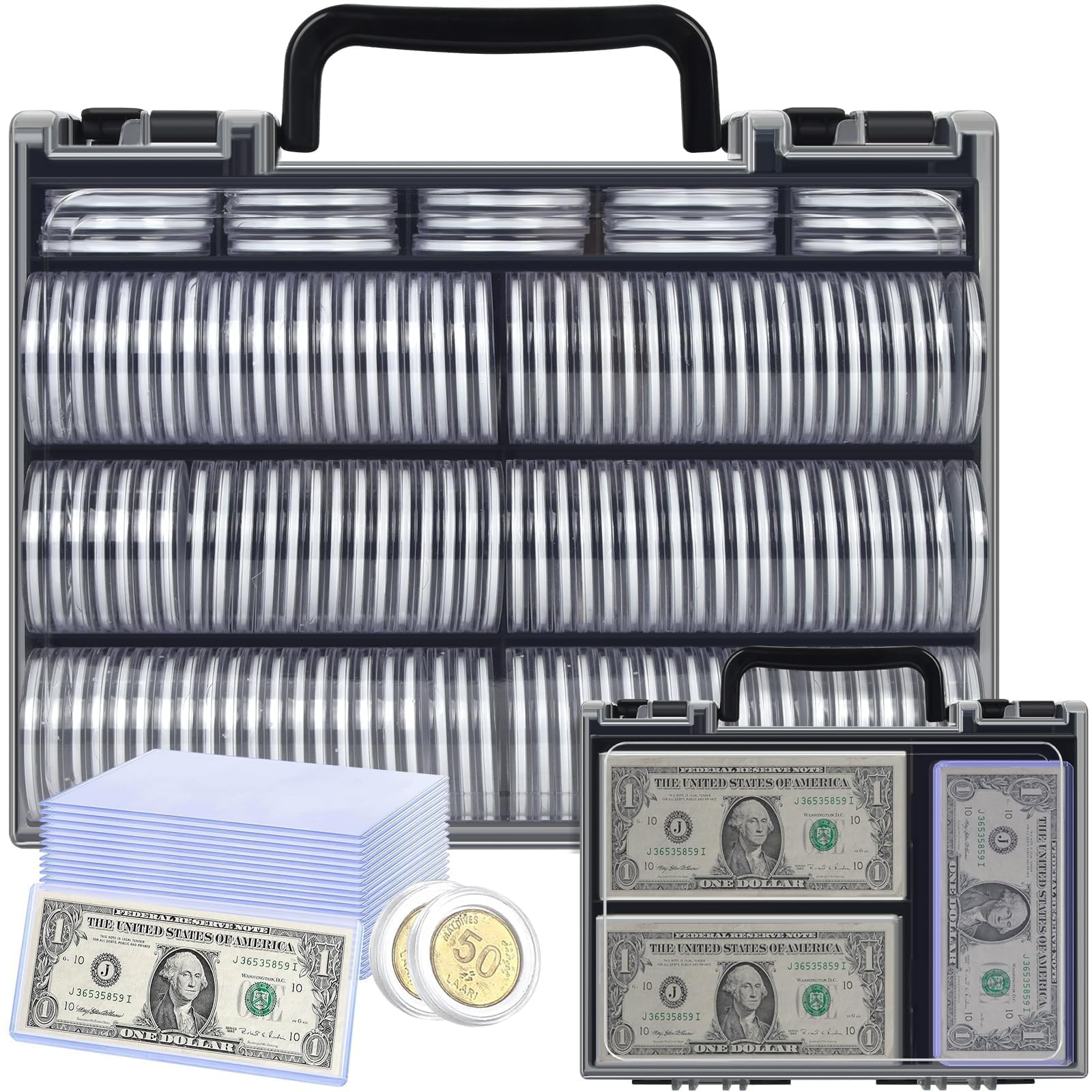 FULLCASE Münzsammelbox mit 46mm Münzkapseln (141 Stk.), 6 Schaumstoffdichtungen, 20 Geldscheinhüllen