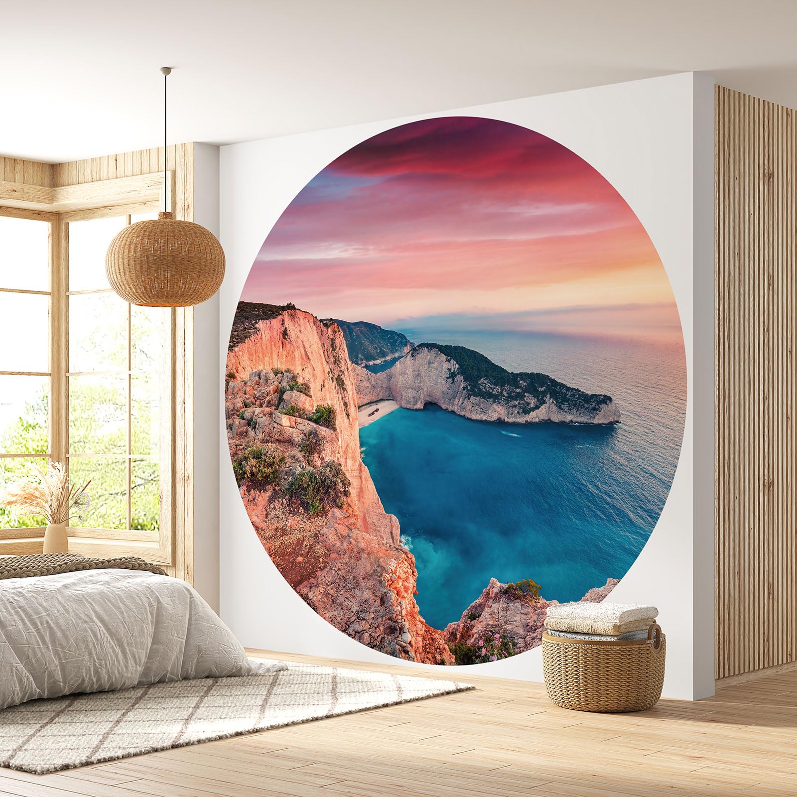 Papier peint cercle lessivable Lumalea 110 cm décor Plage Navagio Grèce haute résistance