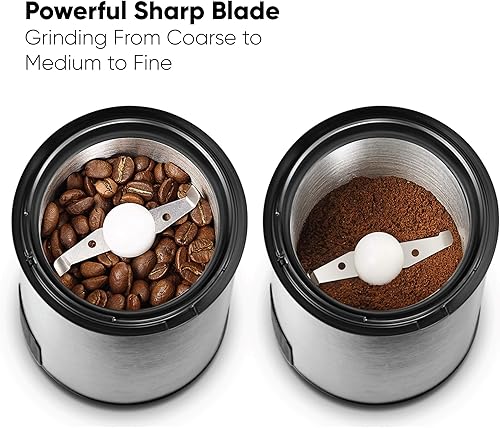 Miniatura 8 de FSM Molinillo de café eléctrico y molinillo de especias con sistema de bloqueo de seguridad, acero inoxidable con tapa transparente y base de