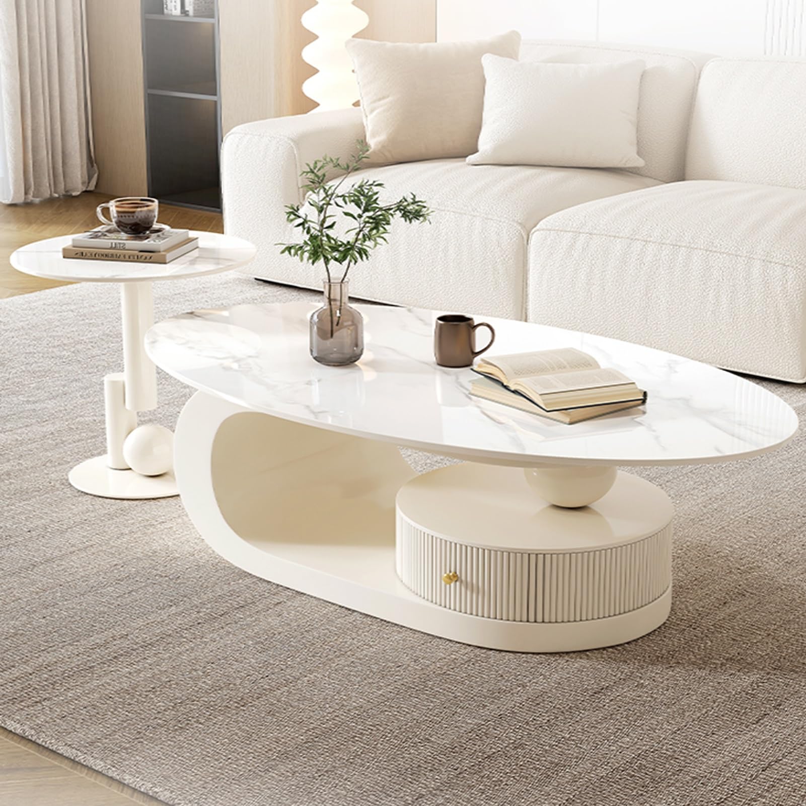 Ineinander stapelbares Couchtisch-Set, mit Schubladen, in Zwei Ausführungen erhältlich, bodenstehendes Design, halbmondförmiges Couchtisch-Set, 2 Stück, weiß (WeißA, 47 Zoll + 20 Zoll)