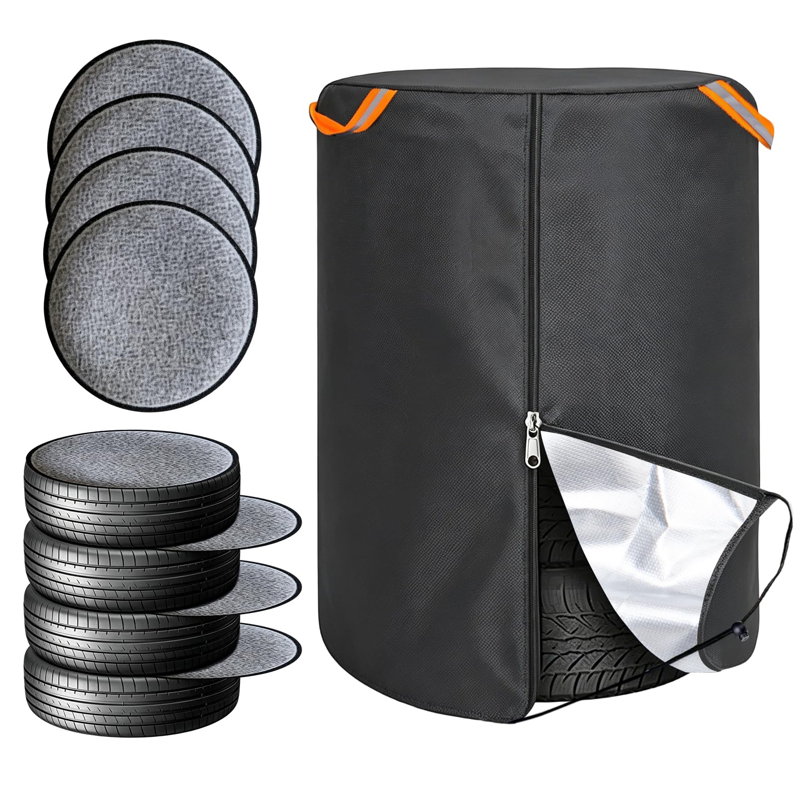 Housse de Pneu Universelle pour 4 Pneus, Housse Voiture Exterieur Imperméable 420D Oxford, Protege Jantes Voiture Anti-Poussière avec Fermeture Éclair et Cordon de Serrage, Sac de Rangement Inclus