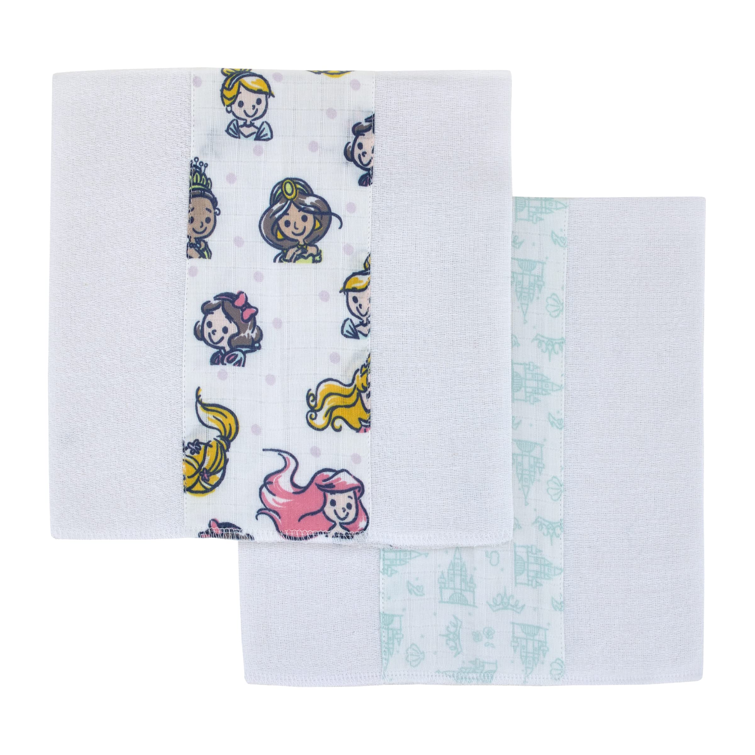 Disney Princess White, Pink, Yellow, and Aqua 2Pk 100% Cotton 10" x 20" Muslin Burp Cloths