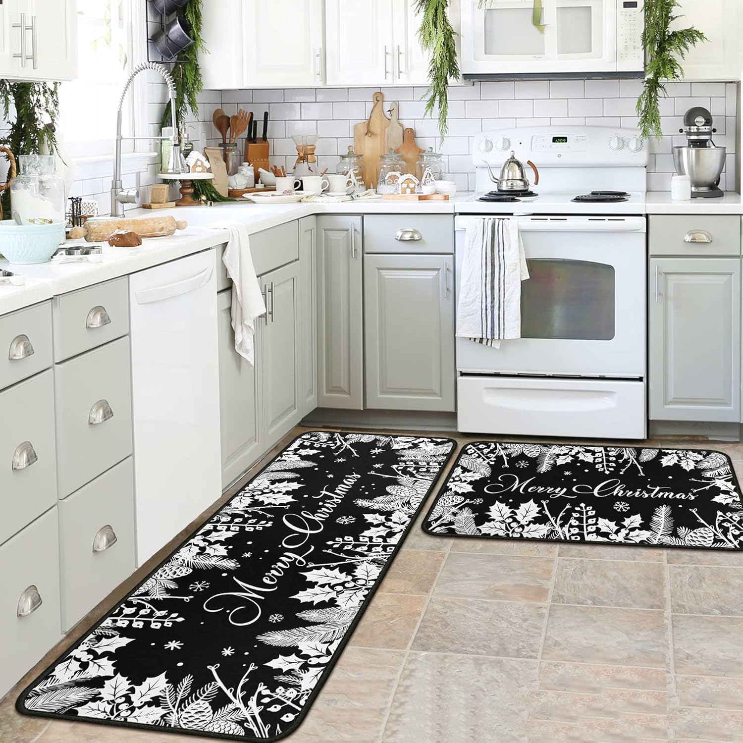 Christmas Kitchen Mats Set of 2, Black Christmas Decorations for Home, Holly Pine Branches Pinecones Kitchen Rugs Non-Slip Backing Winter Floor Mat Xmas Decor Washable Runner Rug 17"x47.2"+17"x30"