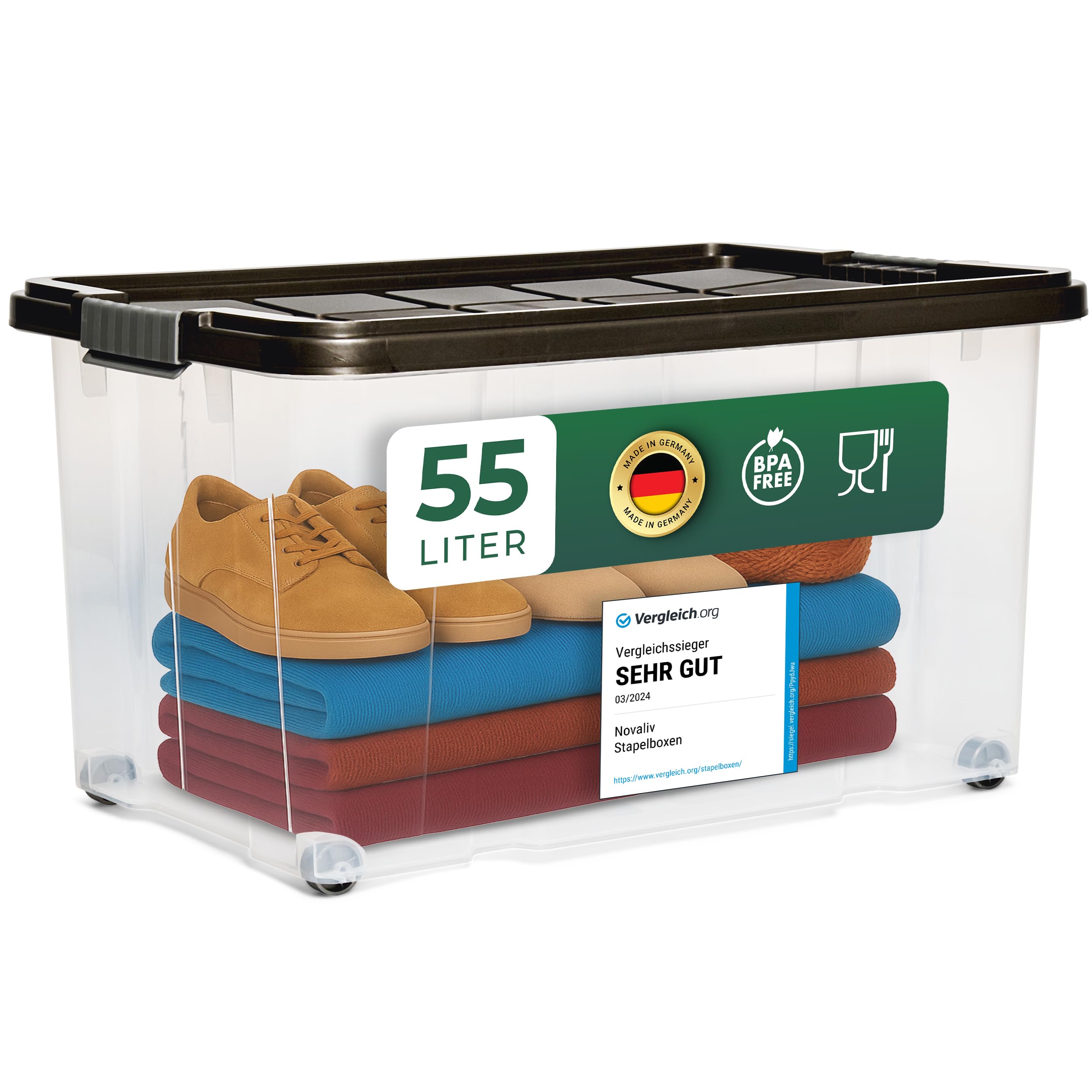 Novaliv 6 cajas organizadoras con tapa, ruedas de 55 l, 61 x 40 x 34 cm, transparentes, gris antracita, cajas de almacenamiento, cajas grandes