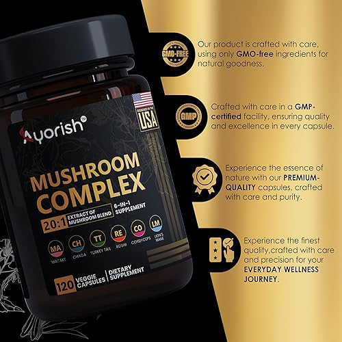 Miniatura 7 de Suplemento de hongo 6 en 1 de melena de león con cola de pavo Reishi Cordyceps Chaga Maitake Meshima Poria Cocos Shiitake Oyster Porcini Enoki 120