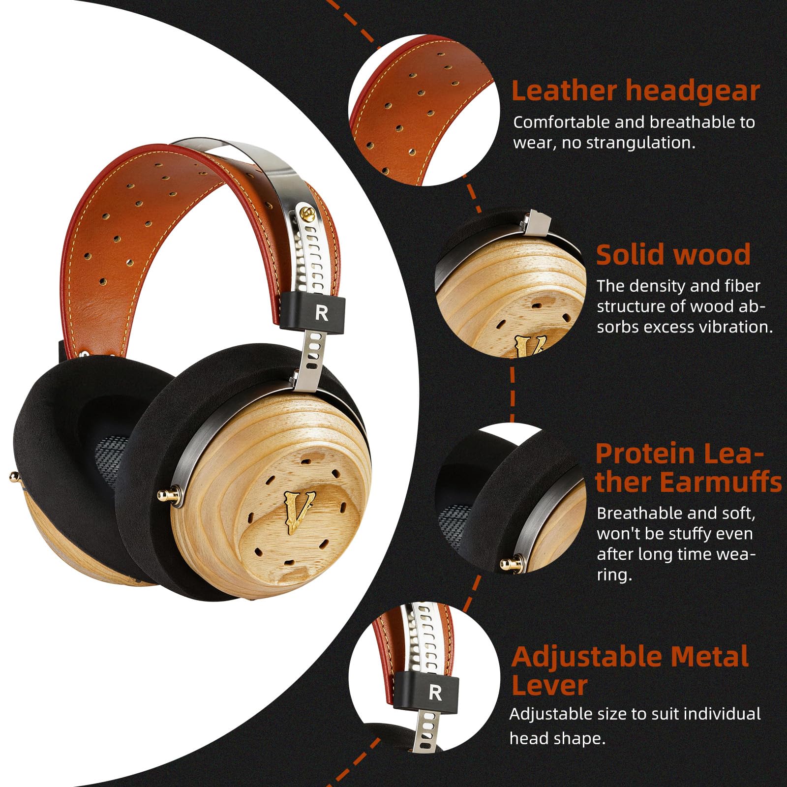 okcsc Cuffie retrò R11 con retro aperto, con driver in lega di magnesio da 53 mm, padiglioni auricolari in legno naturale e un cavo audio da 3,5 mm, ideali per l'uso quotidiano, ascoltare musica e