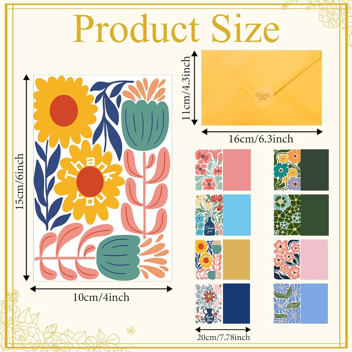 24 Pack Floral Thank You Cards with Envelopes 8 Floral Greeting Cards Bulk with Envelopes & Stickers, 4x6 Inch Blank Inside Note for Birthday, Wedding, Baby Shower, Business - Image 2