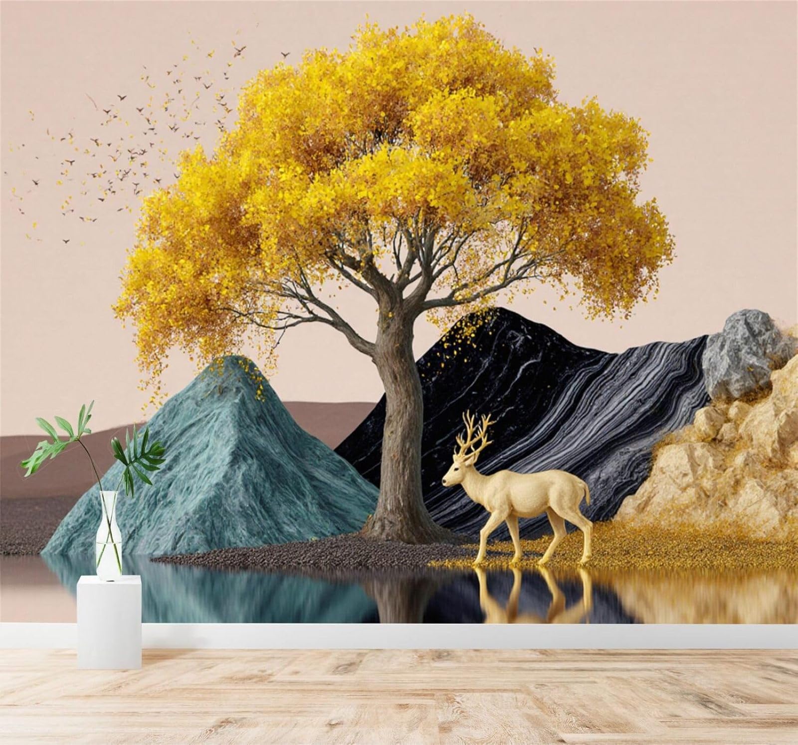 XLMING Golden Trees Golden Deer Mountains Lakes Reflections 3D Wallpaper Silky Texture Home Study Office Grey Dining Room Sofa Bedroom Living Room TV Backdrop-200cm×140cm