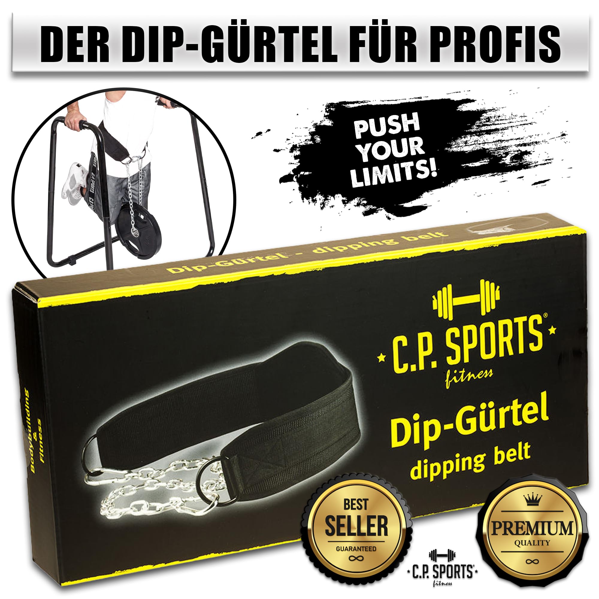 C.P.Sports Premium Dip Belt | Professional Dip Belt - Cintura per dip fino a 250 kg per trazioni, squat, fitness, allenamento della forza, bodybuilding, palestra