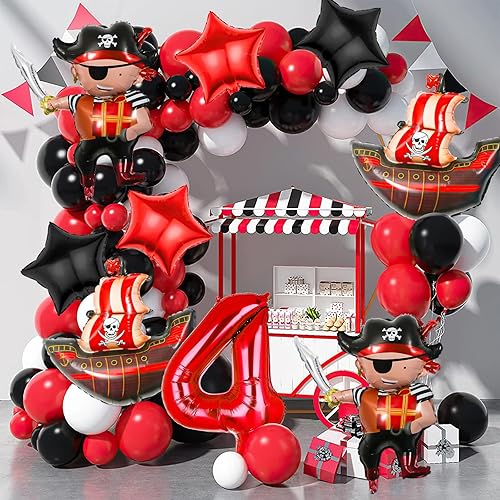 Miniatura 10 de Decoraciones de fiesta de barco pirata, 9 globos para suministros de cumpleaños de 5 años, tema pirata