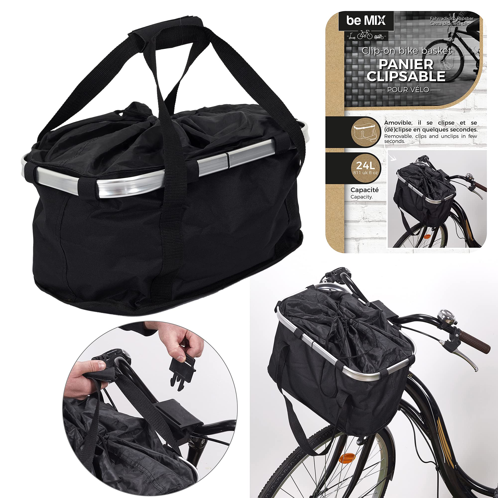Be Mix Panier de Vélo Clipsable en Polyester 24 L Noir | Polyester, clipsable, contenance 24 L, fixation vélo, loisir voyage sport, transport d'affaires, pratique, noir