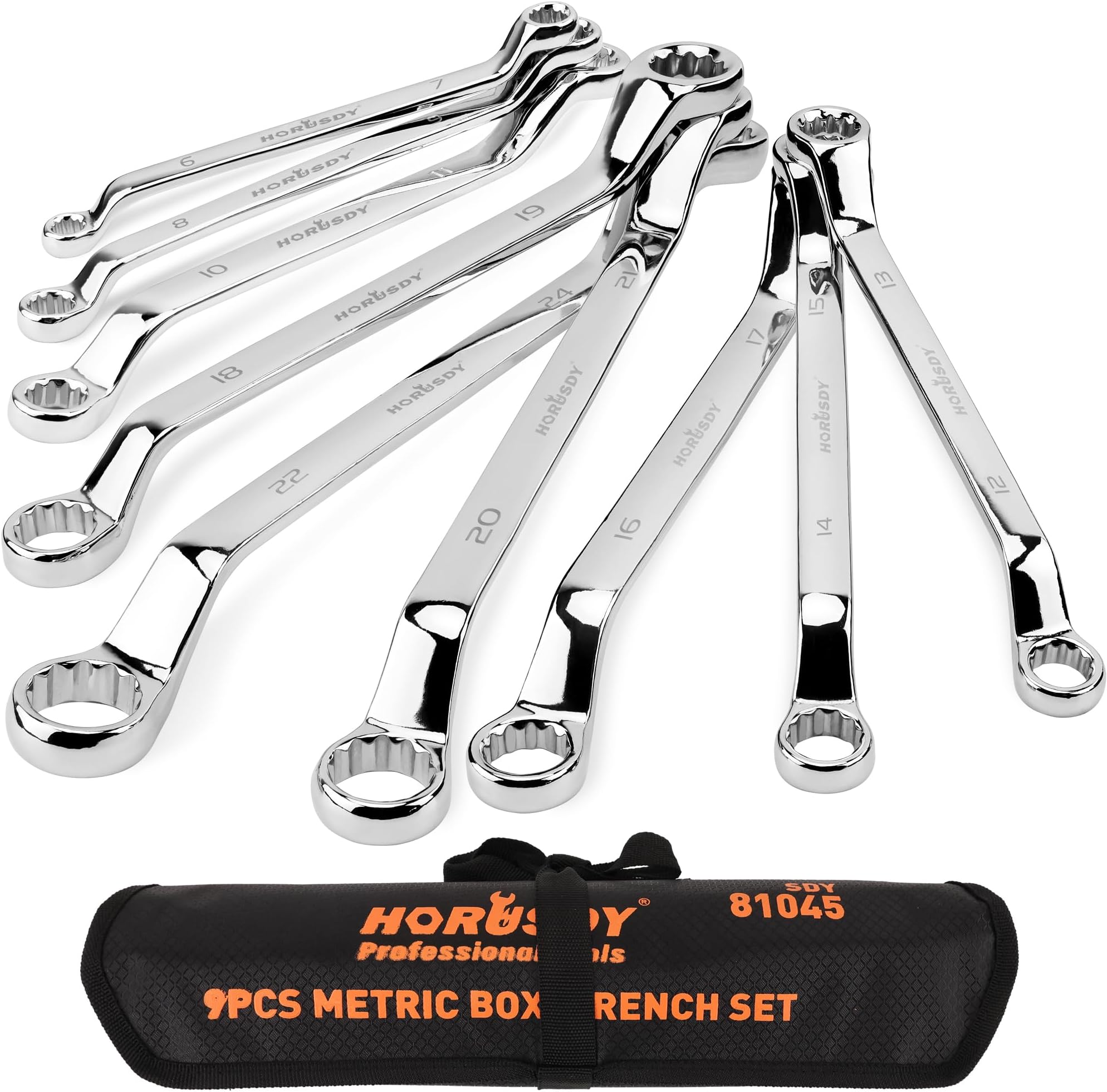 HORUSDY 9-Pece Metric Offset Box Wrench Set with Rolling Pouch, 75-Degree, Metric 6-24mm, CR-V Steel
