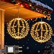 Yowin 2 x Outdoor Christmas Lights 30 cm 200 LED Christmas Lights with Transformer, Timer, Poinsettia, 8 Modes Giant Christmas Ball for Indoor Balcony, White Frame