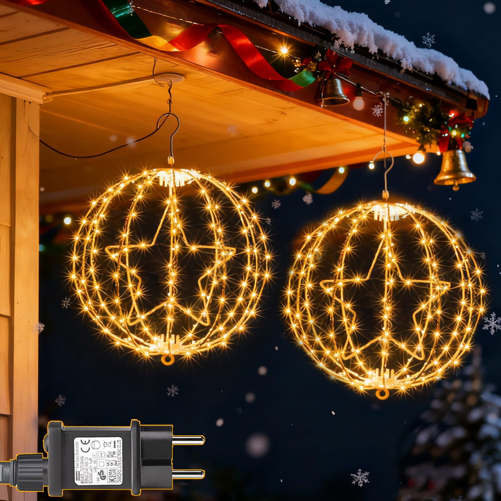 yowin 2 Piezas Estrella de Navidad 30CM 200 LED Luces Bola Colgante con Transformador, Temporizador, 8 Modos Impermeable Luz de Estrella Navidad para Árbol Decoración Interior Exterior - Marco Blanco