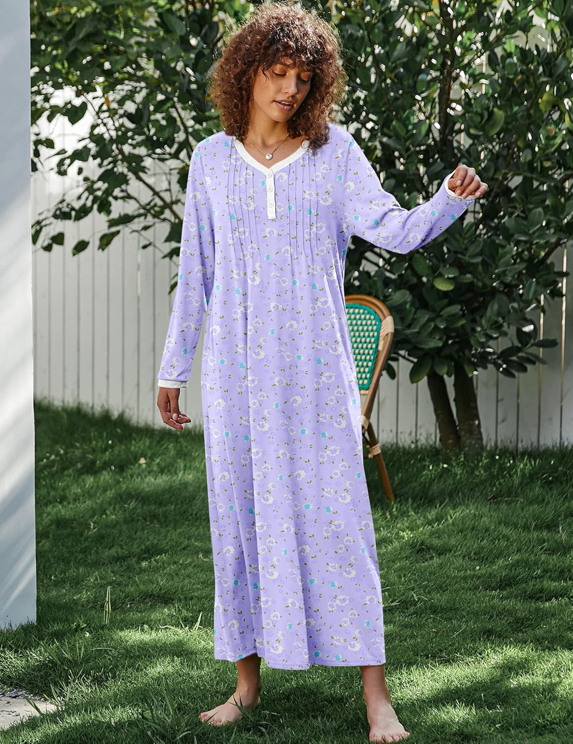 Ekouaer Women's Long Sleeve Nightgown Full Length Sleepwear Long Sleepshirts Henley Sleep Dress S-4XL - Image 5