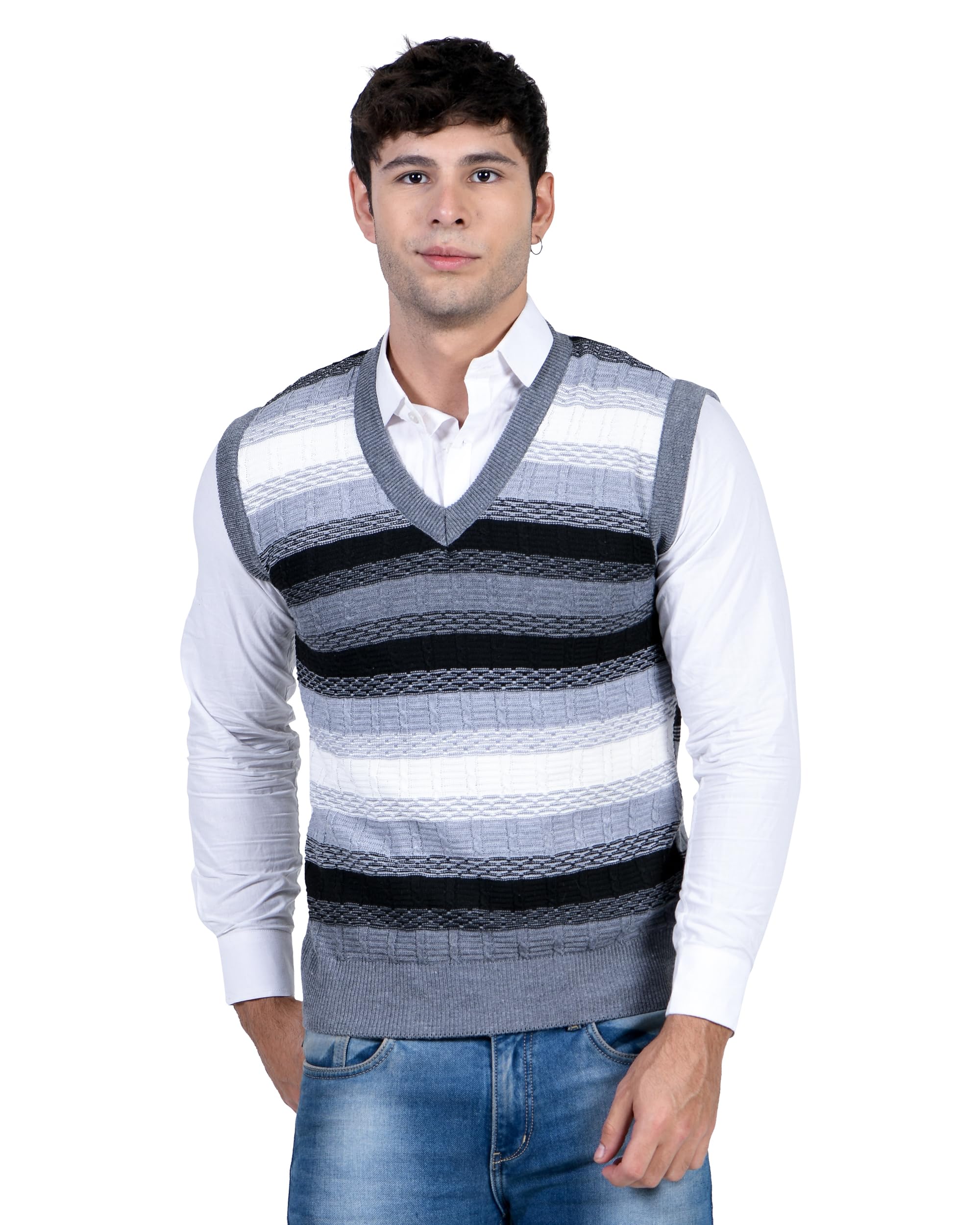 men woolen v neck printed design sleeveless pullover heavy rainbow fabric winter wear pure wool cardigan for men fully warm pullover free sizes