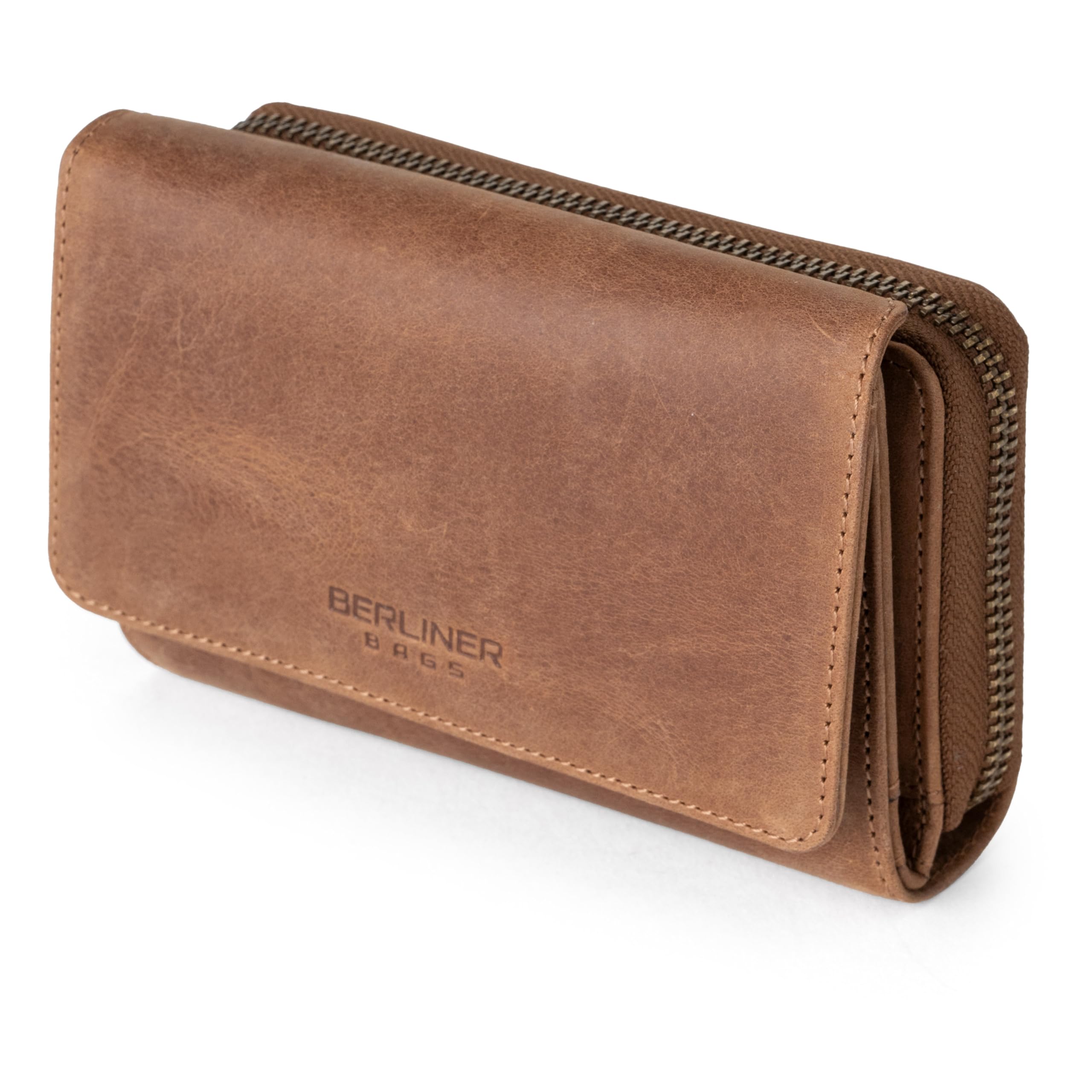 Berliner Bags Portafoglio Donna Vienna in Vera Pelle, Grande con Zip e Portamonete, Protezione RFID, 19 Carte – Marrone