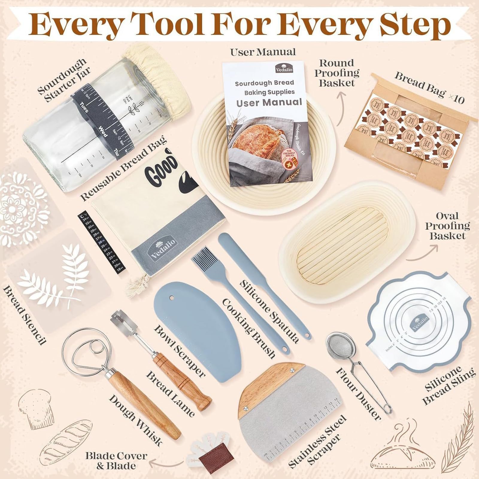 Kit Masa Madre Completo con Cesta de Fermentación Ratán | Jarra de Vidrio, Batidor y Cortador, Accesorios Panadería Artesanal para Principiantes y Regalo, Transpirable