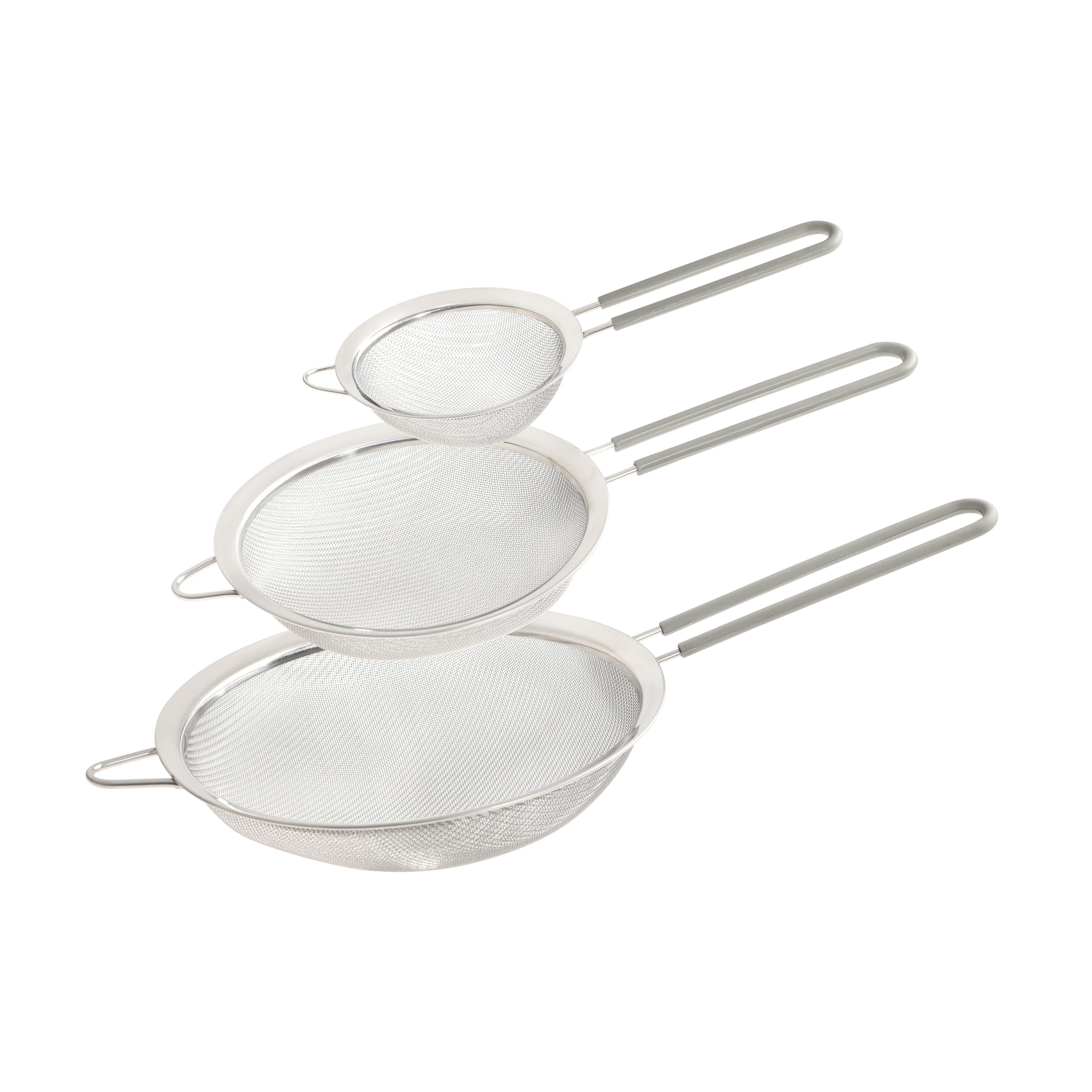 Wiltshire Set of 3 Sieves, Stainless Steel Fine Wire Mesh Strainer with Non-Slip Silicone Coated Handle, Colander & Sifter, Sift Strain Drain & Rinse, 10cm 15cm & 20cm, Dishwasher Safe, Pebble Grey