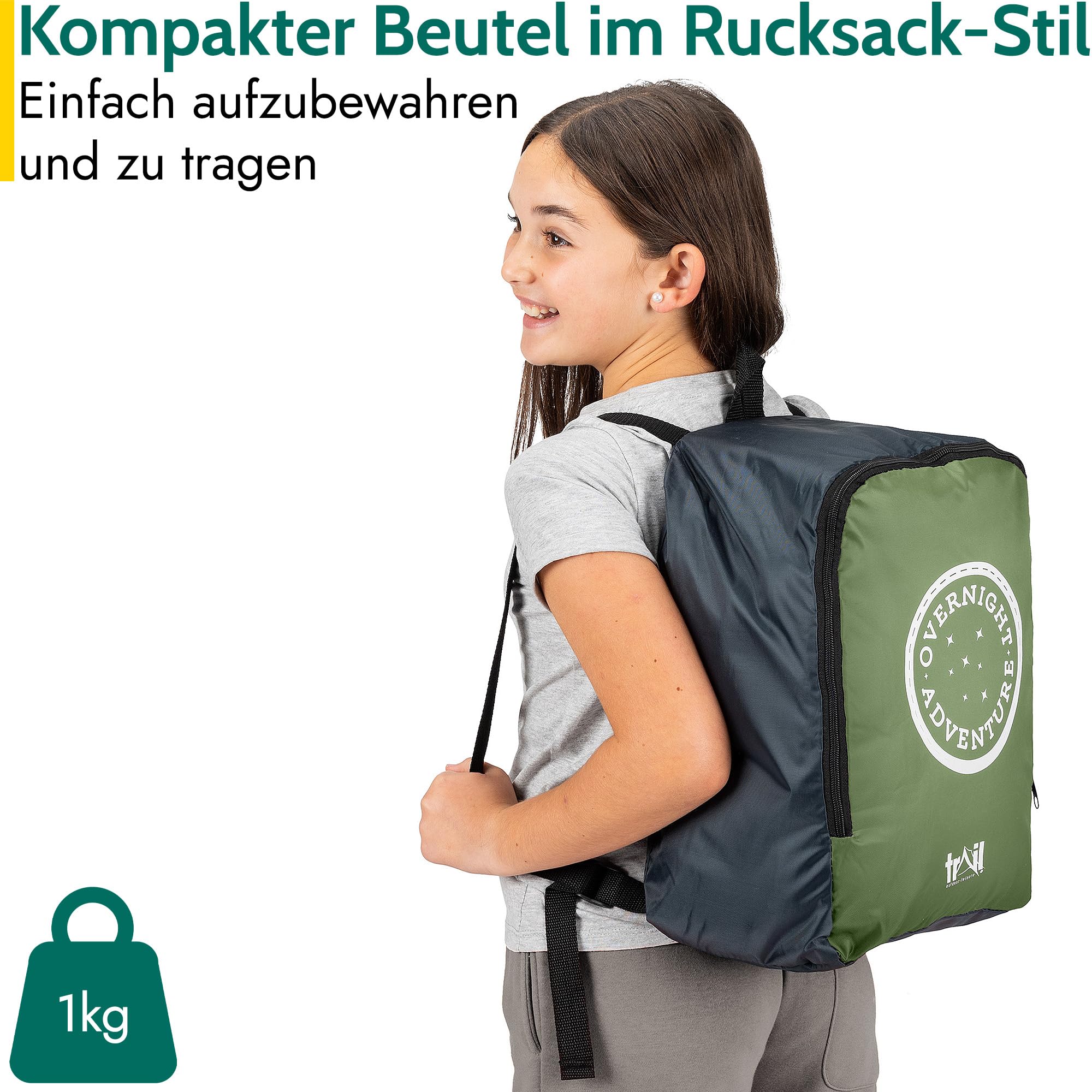 Trail Schlafsack Kinder Mumienschlafsack als Schlafsack 3 Jahreszeiten für Camping – 300gsm – für Jungen und Mädchen – mit Leichtem Transportrucksack