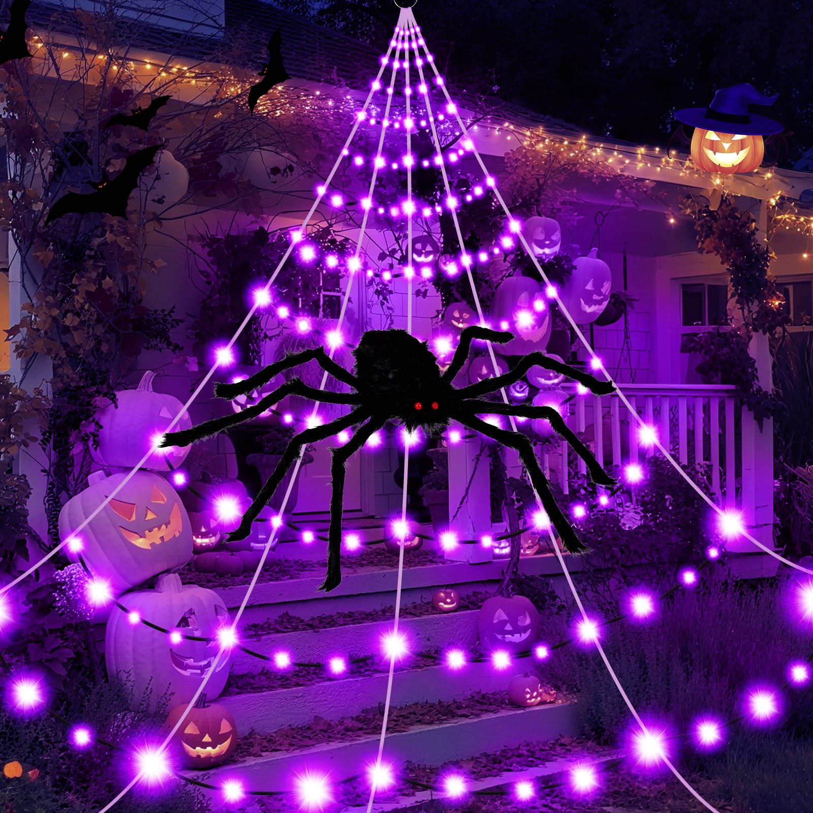Halloween Spider Webs Decorations Outdoor Lights, 19.7*14.8FT Giant Spider Web with 250LED Purple Lights, Halloween Light up Triangular Black Spider