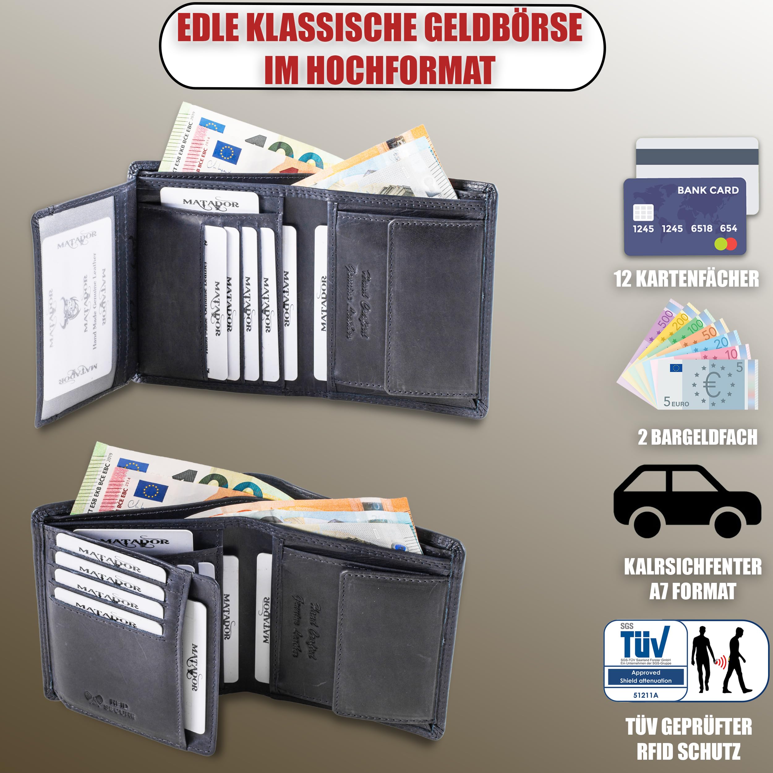 Matador Marca Portafoglio Uomo in Pelle #VIGO con Elegante Scatola Regalo, Lusso Portafoglio Protezione RFID, Grande Uomo Portafoglio con Molti Scomparti per Carte in Blu Navy