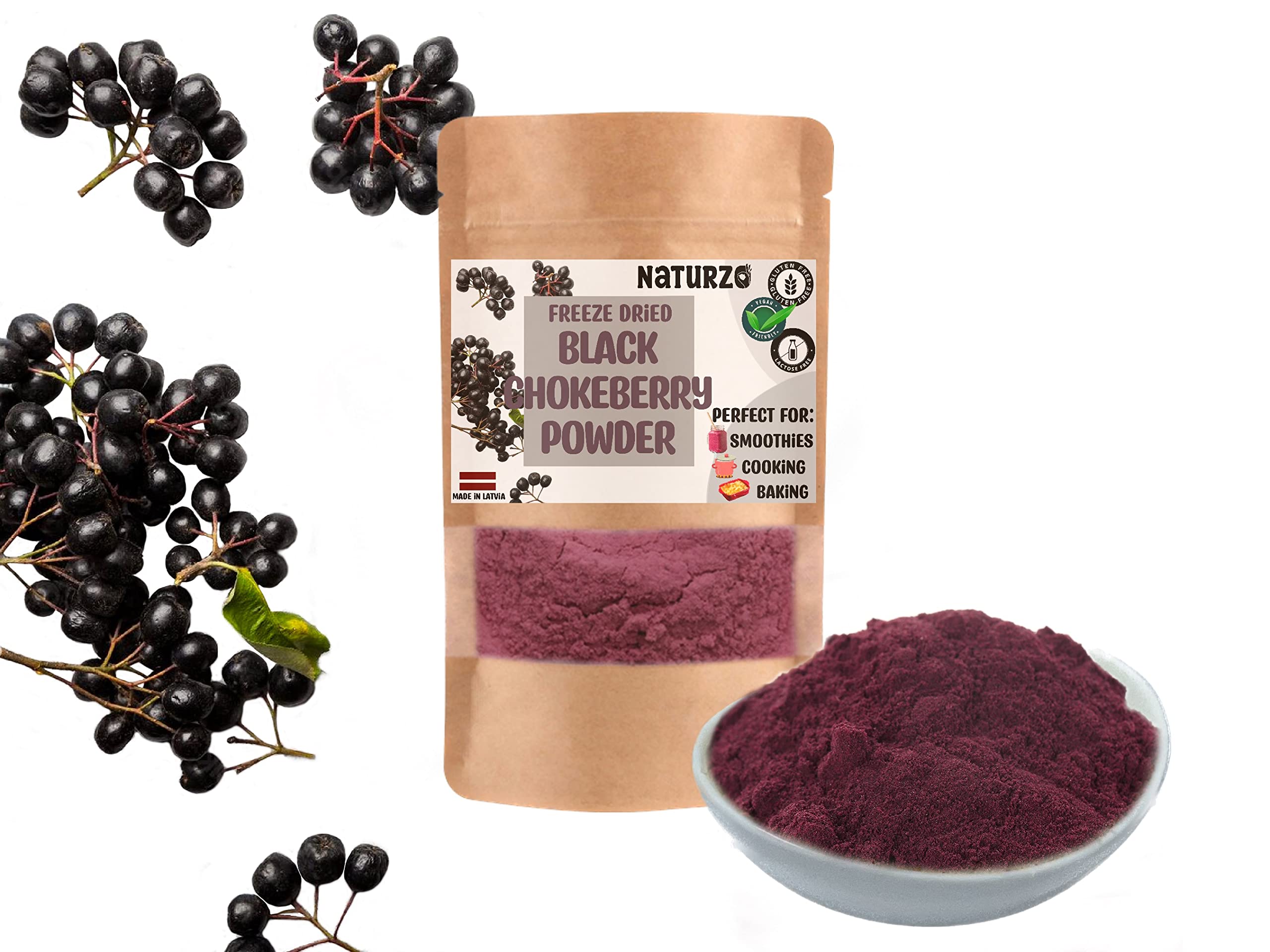 Freeze Dried Aronia Black Chokeberry Powder raw Without additives, preservatives or Sugar. for Smoothies, Vegan, Baking, Natural Vitamins (200g)