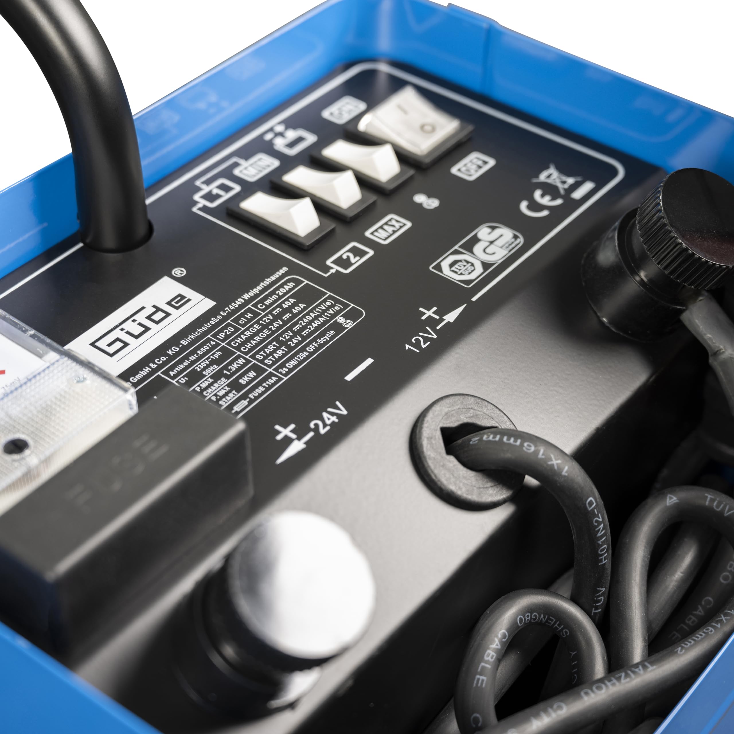 Güde 85074 Batterielader V 421 C (230 V, 8000 W Netzleistung, 12/24 V Ausgangsspannung, 20-800 Ah Batteriekapazität, analoge Ampereanzeige, 2 m langem Ladekabel, Verpolungs- und Thermoschutz)