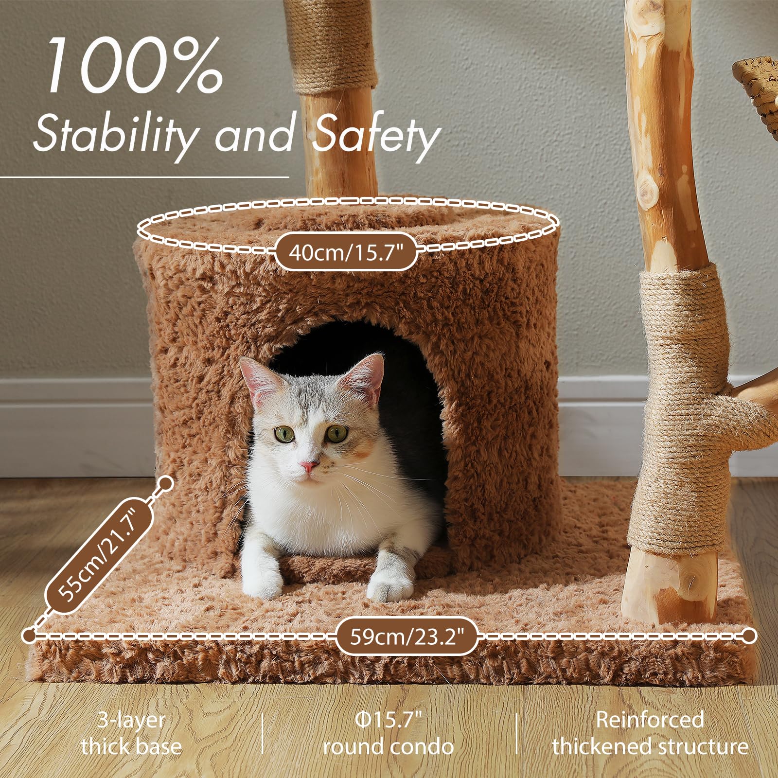 PAWZ Road Cat Tree for Indoor Cats Large Adults, 59 Inches Modern Cat Tower with 3 Large Baskets, Natural Solid Wood, Luxury Condo and Hammock, Modern Furniture for Big Cats, Brown - image 3
