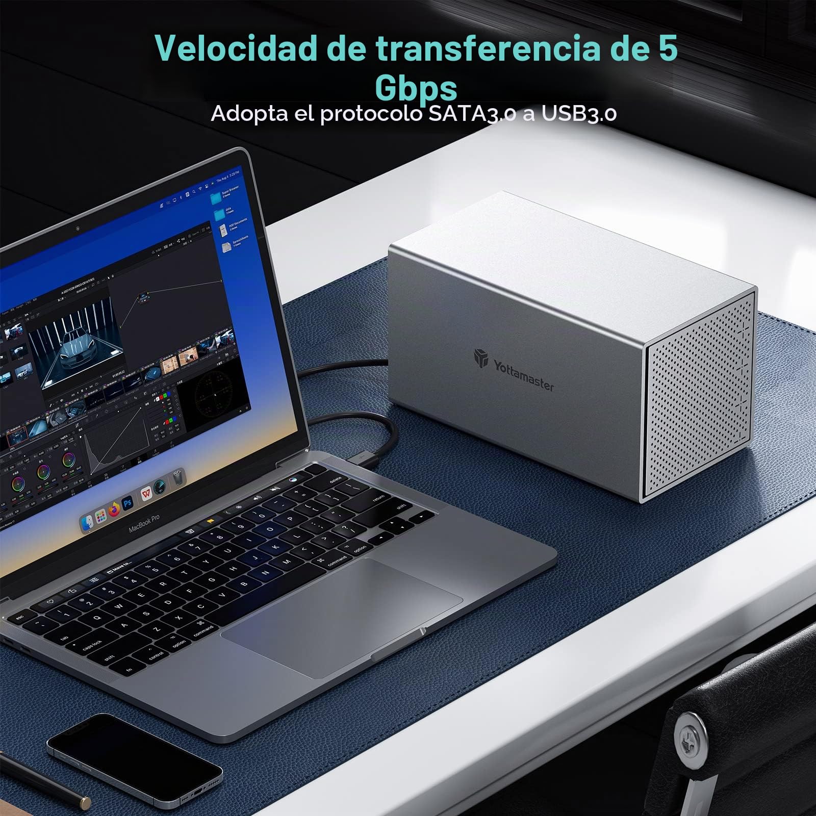 Yottamaster 4 Bahías Aluminio Caja para Disco Duro de 2.5"/3.5" SATA HDD/SSD Soporta 4 x 22TB, USB 3.0 Externo Carcasa para Disco Duro con Ventilador de 80mm